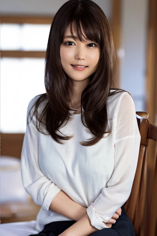(8k, RAW photo, best quality, masterpiece:1.2), (realistic, photo-realistic:1.37), ultra-detailed, ultra high res,1 girl,looking at viewer,beautiful detailed face,smile,narrow,(slim waist:1.3),shirt, beautiful detailed skin, skin texture, floating hair,professional lighting, overjoyed, big breast
