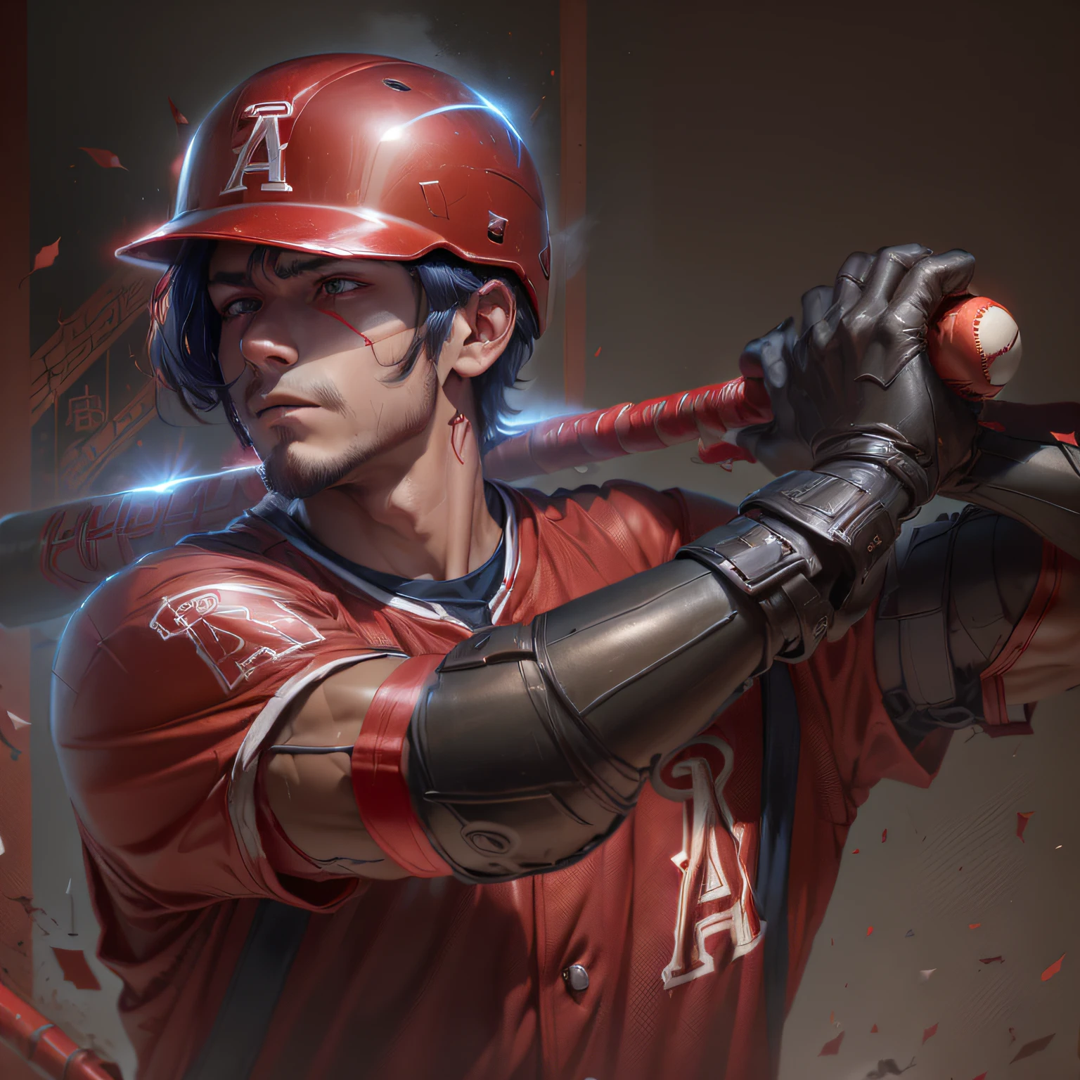 (((he is wearing a red baseball uniform)))、(((wearing a red helmet)))、Thin macho、Man with dark blue hair.、独奏、Anime-style illustrations、hight resolution、ultra-detailliert、​masterpiece、top-quality、Background Pitch