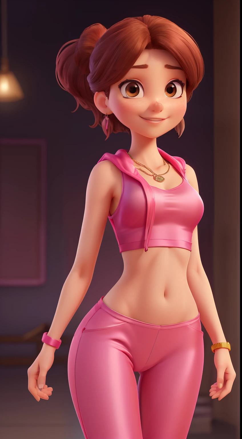 8k, masterpiece, RAW photo, best quality, photorealistic, extremely detailed CG unity 8k wallpaper, Depth of field, Cinematic Light, Lens Flare, Ray tracing, (extremely beautiful face, beautiful lips, beautiful eyes), intricate detail face, ((ultra detailed skin)) 1girl, in the dark, deep shadow, pretty korean girl, kpop idol, 1 girl, (very slim slender fit-muscled body:1.3), ((looking at viewer)), (big smile:1.3), (tight laced blouse), (hot pink color blouse), (sleeveless), (fashion city night, dark night, (neon sign), (blurred background), fashion street night), (without people in the background:1.3), beautiful earrings, bracelets, necklace, pantyhose, clear eyes, (pale skin), (big eyes), face forward, ((upper body shot)), ((silk hot pink color pants:1.3)), (brown hairs), ((tight fitting silk pants)), (looking at viewer:1.3) open breast, very slim, medium breasts, see through, transparent pants, pony tail, updo hair, ((camel toe))
