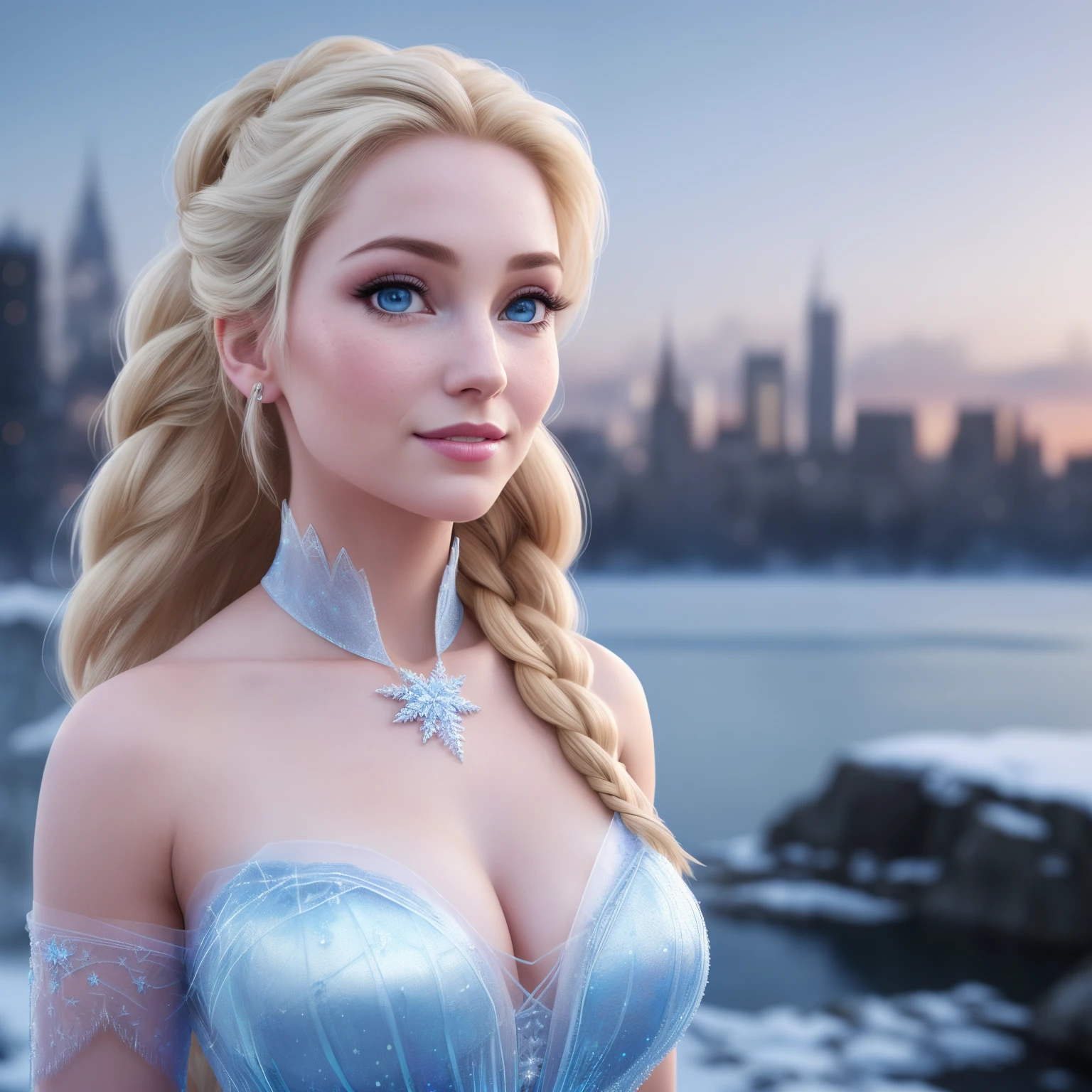 (8k), (best quality), (masterpiece:1.2), (realistic), (photorealistic:1.37), ultra-detailed, elsa, one piece blue, detailed face, ((frozen night city background)), (stands straight), ((perfect female body, skin dentation)), mature female, milf, narrow waist, smile, (full body), sexy legs, blonde | ponytail | wavy, high quality, HDR, 4K, photorealistic, incredible detail of the skin, professional photo