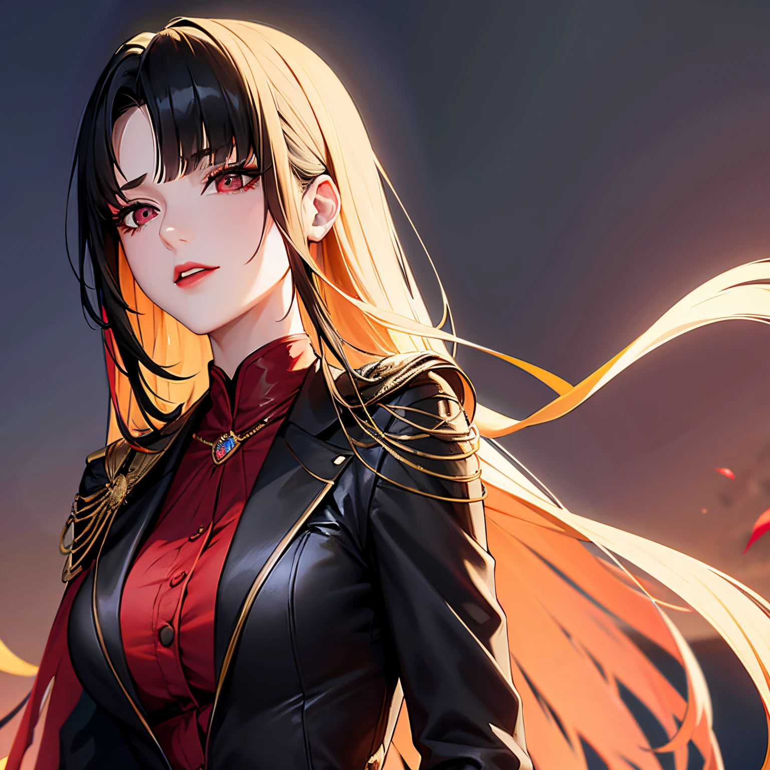 Woman, shoulder-length black hair with blonde front strands, hair styled back, dark red suit, red lipstick