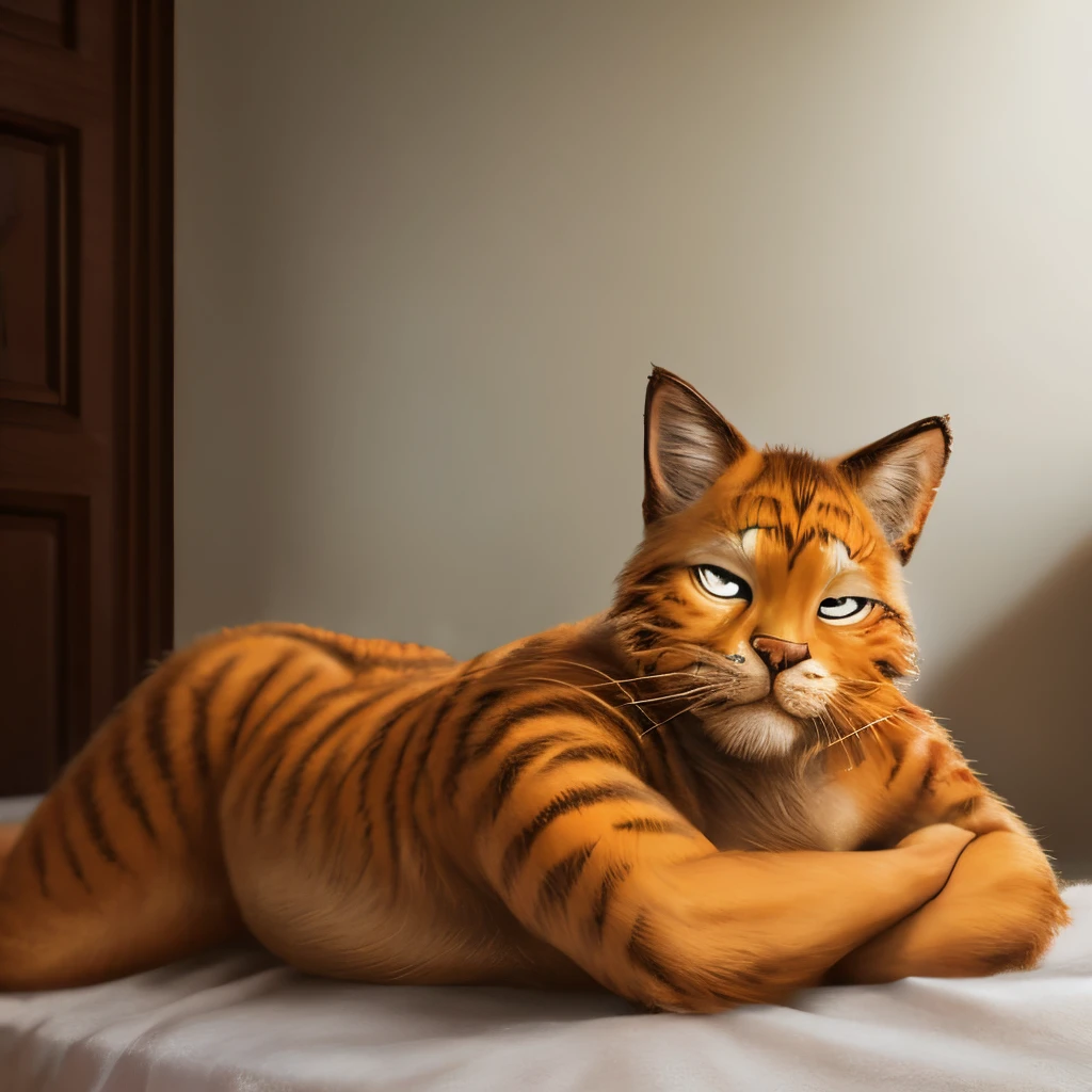 photo, realistic, photorealism, masterpiece, best quality, Garfield as werecat, orange tabby cat, fat mature male, lazy, lying, big white eyes, sleepy eyes,