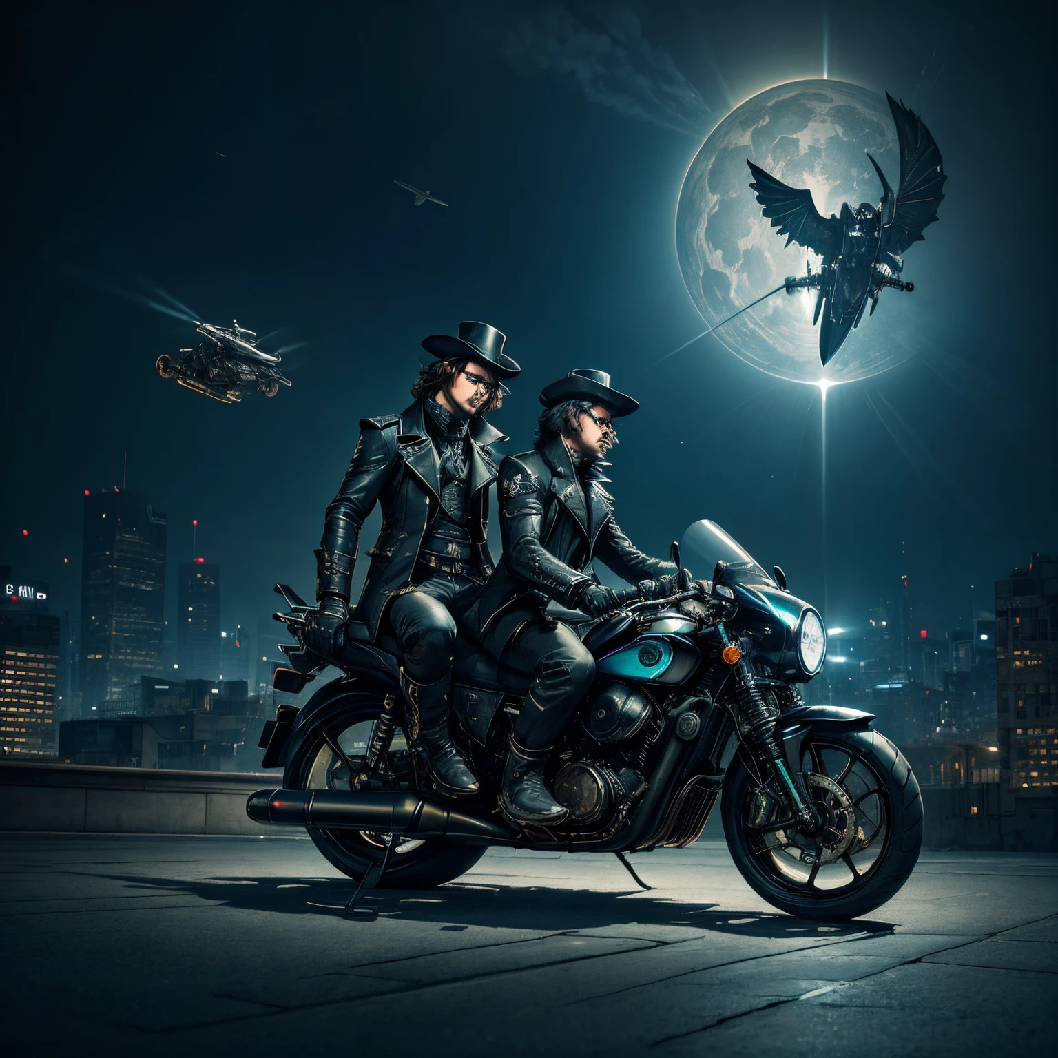 Model DreamShaper ,SteampunkSchematics two men dressed in black gothic coats , sitting on unusual flying motorcycles ! motorcycles fly over the night city ! Front light ,Front light , Detail, coloration, beutiful, HDR, Photorealistic, hight resolution, ultra_ah high_nothing, Cinematographer, aesthetic, extremely_tender, hight resolution, 16k, ..Raw, Ultra Hainada, ultra details, Подробнее Fвos,