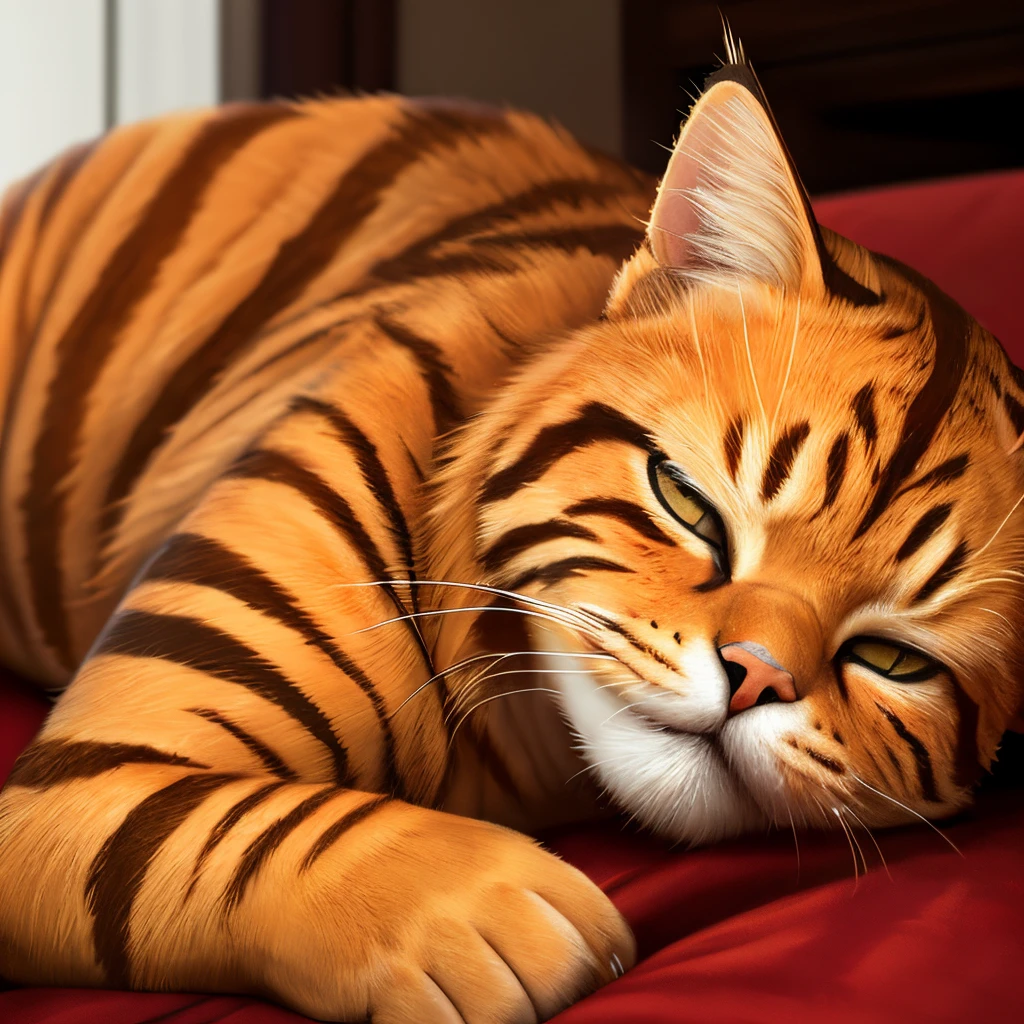 photo, realistic, photorealism, masterpiece, best quality, Garfield as werecat, orange tabby cat, fat mature male, lazy, lying, big white eyes, sleepy eyes,