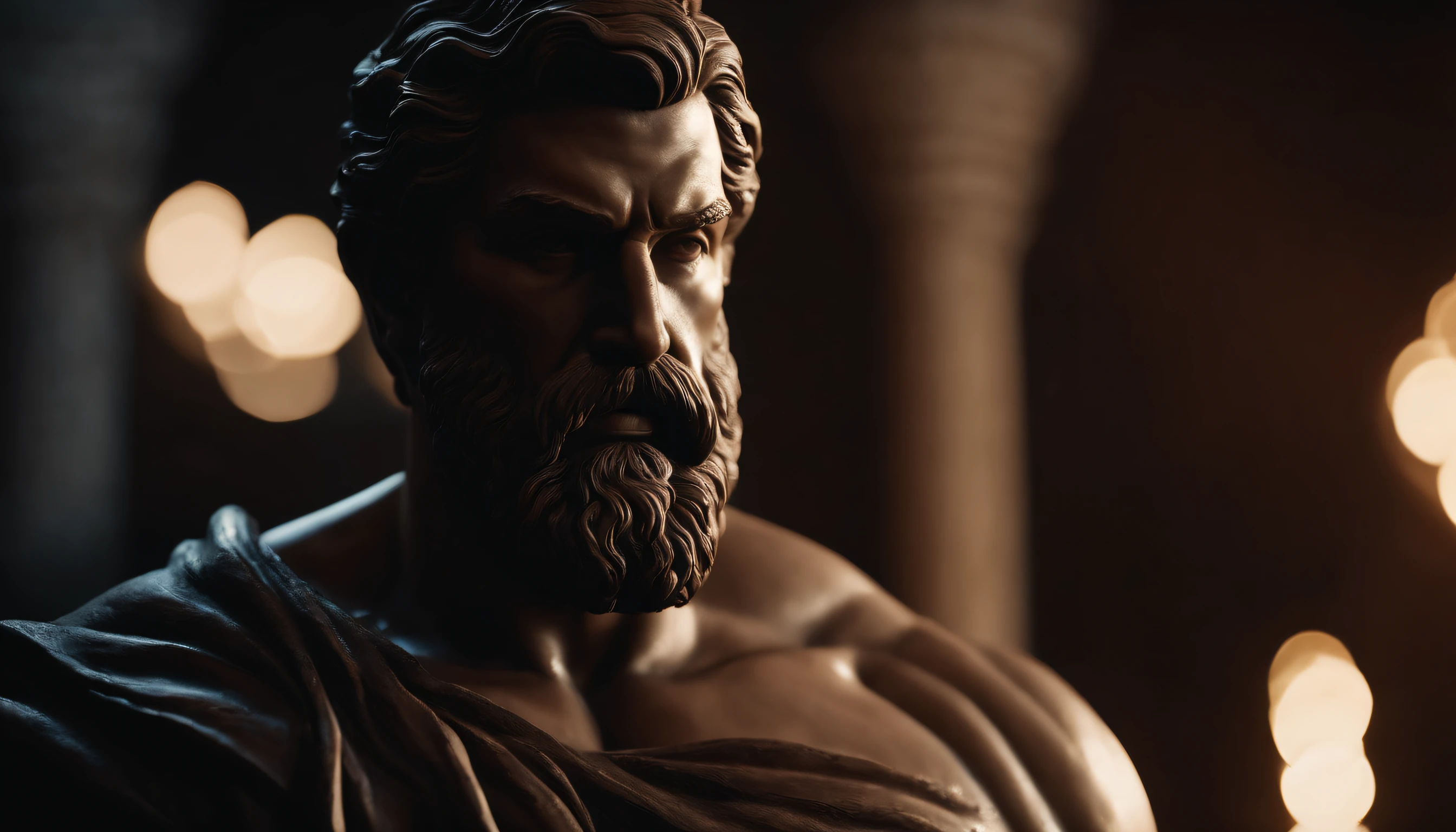 close up of a statue of a man with a beard, a statue inspired by Exekias, featured on zbrush central, digital art, statue of hercules looking angry, muscular character, realistic 8k bernini sculpture