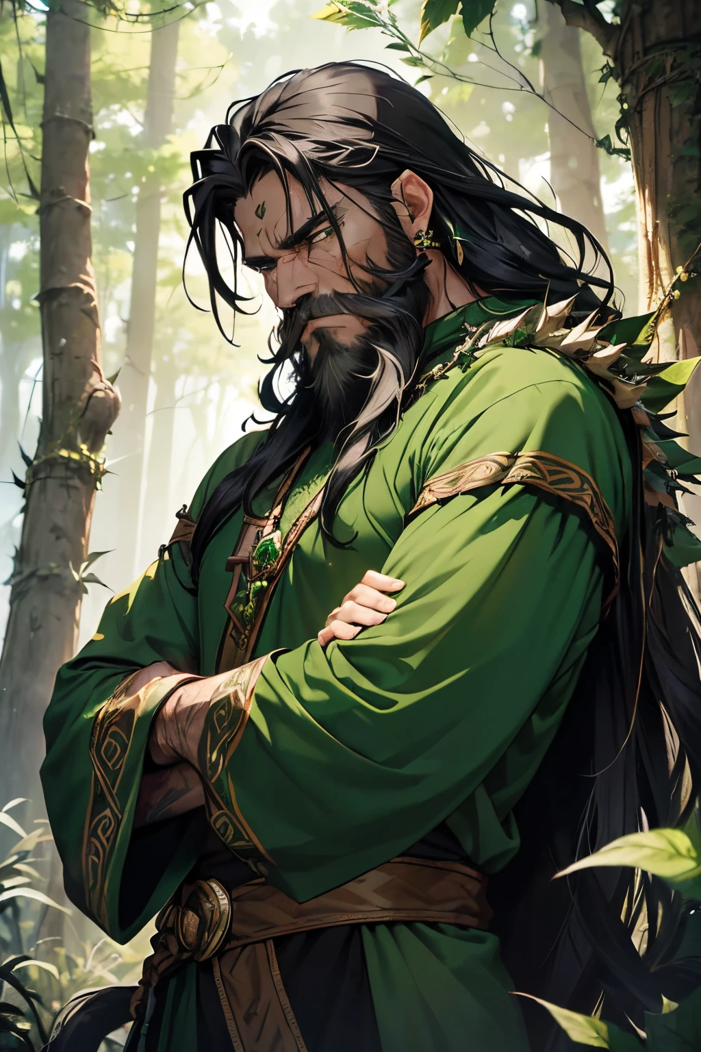 ((One druid male around 40 years old, long wild black hair, long beard)), dressed in a fantasy green druid clothes with long sleeves, with thorns around one arm, ((scars on one arm)), fantasy setting, (anime style), masterpiece, serious expression, perfectly drawn hands, crossed arms, ((wearing a green emerald earring))