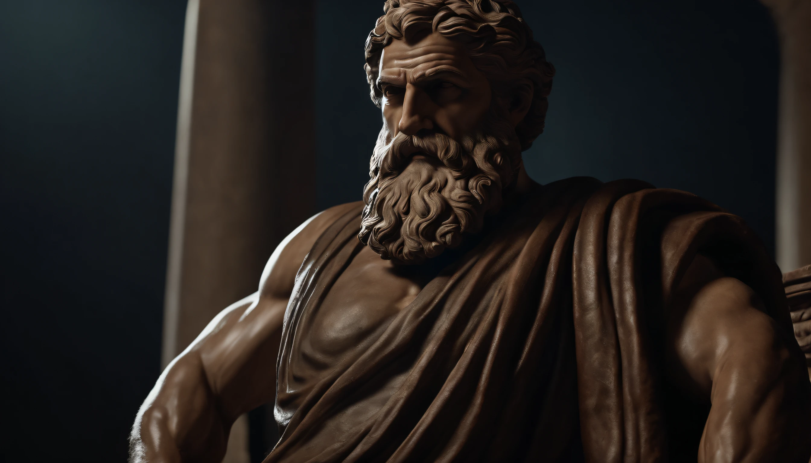 Greek philosopher muscular statue, big beard, cinematic, dark background, 8k, ultra realistic, setting from 2 thousand years ago