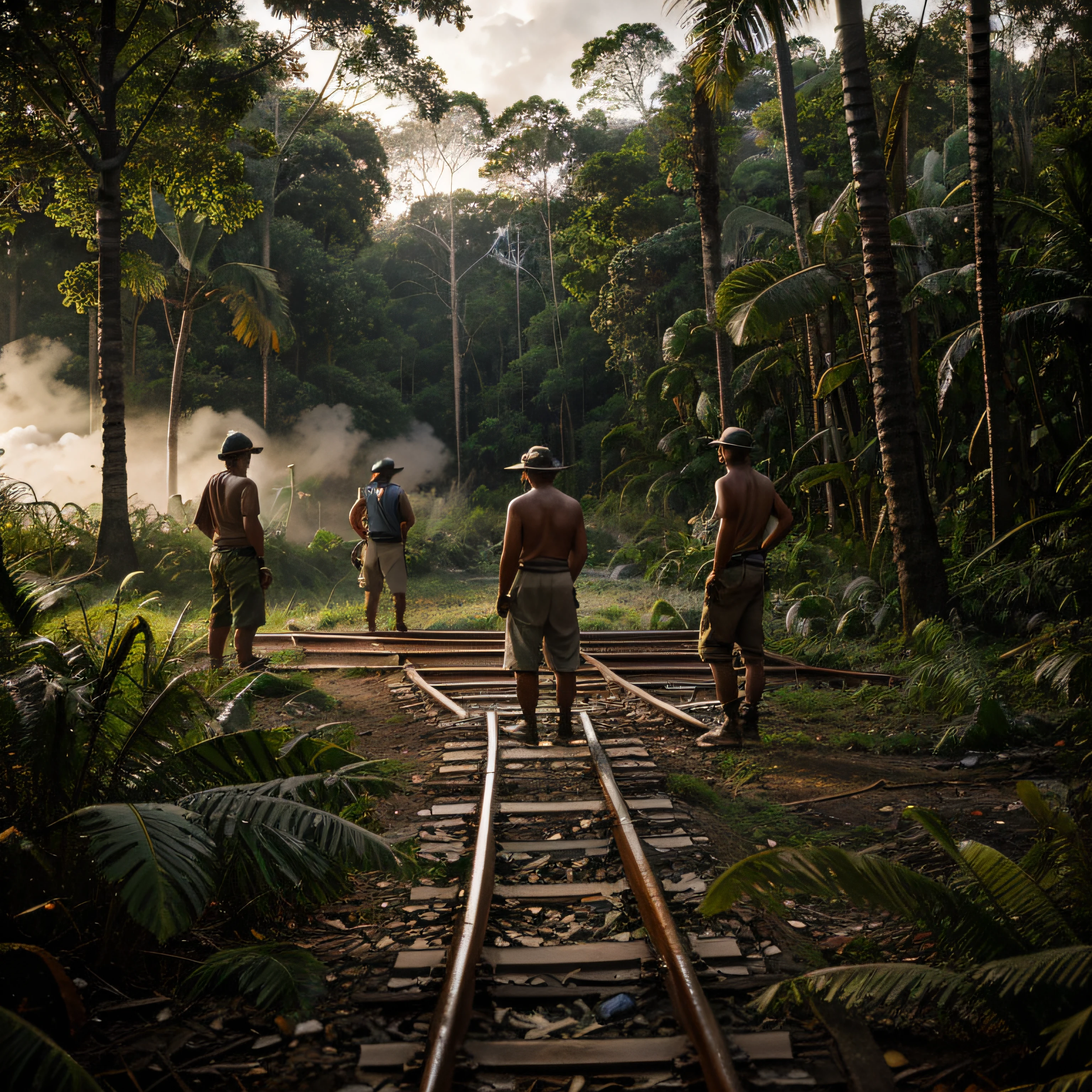 RAW photo, Workers building steam train tracks in the middle of the Amazon jungle in Brazil in 1912, lighting around them, Dangerous forest background with Indians and jaguars, high quality, film grain, Fujifilm XT3.