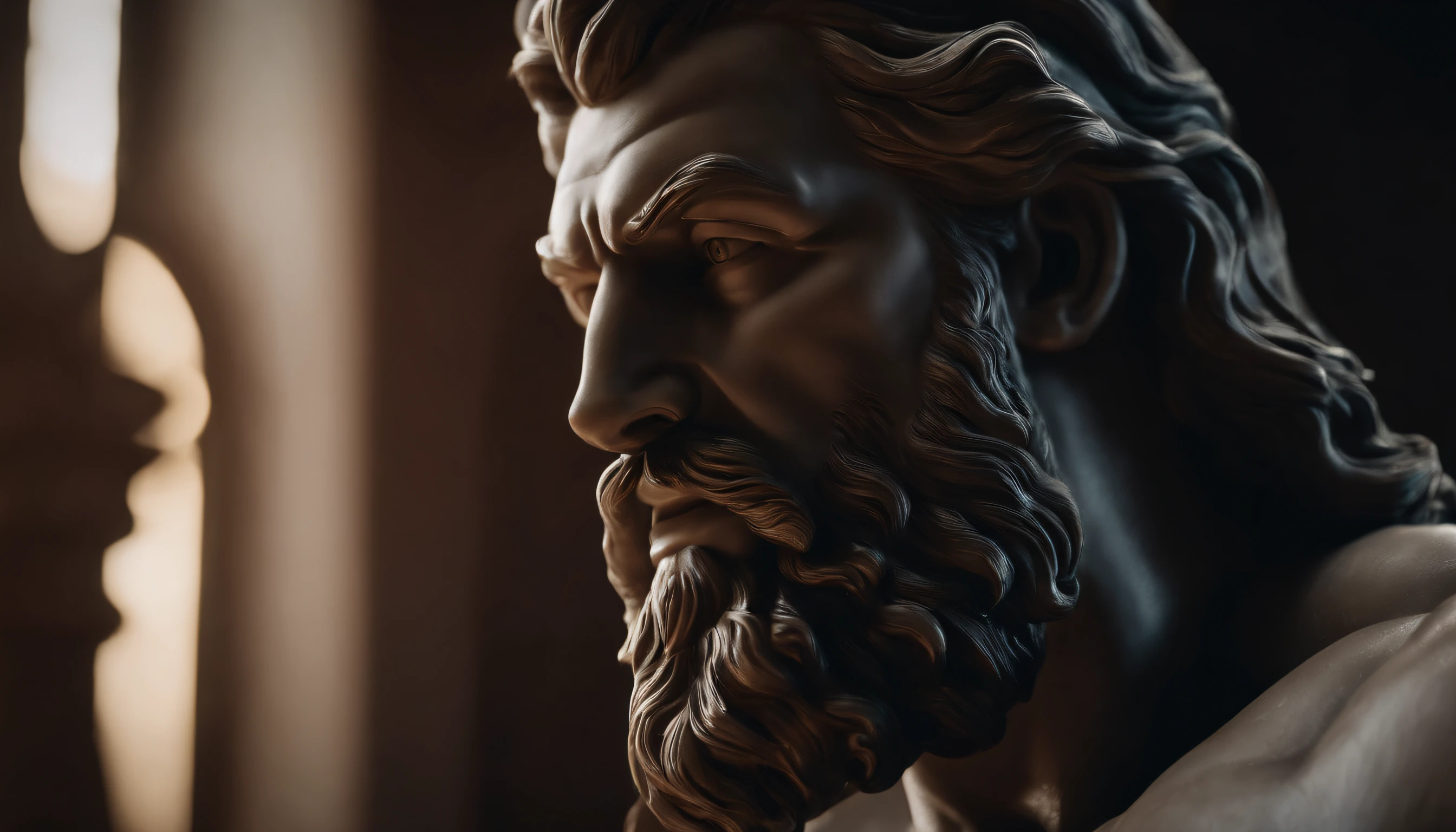 close up of a statue of a man with a beard, a statue inspired by Exekias, featured on zbrush central, digital art, statue of hercules looking angry, muscular character, realistic 8k bernini sculpture