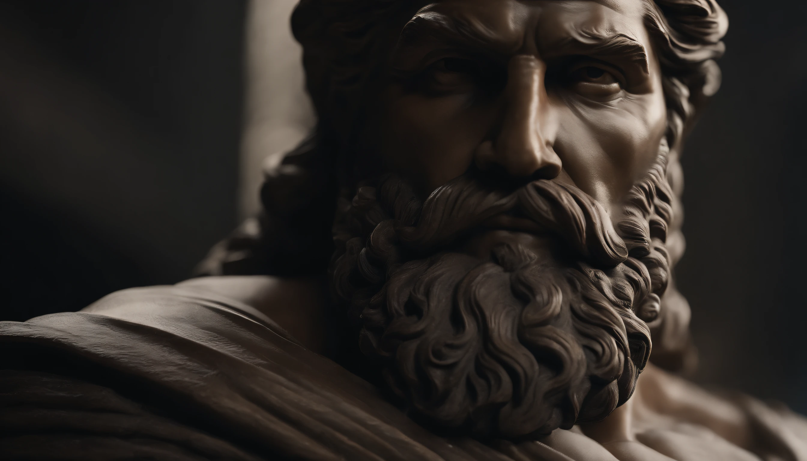 close up of a statue of a man with a beard, a statue inspired by Exekias, featured on zbrush central, digital art, statue of hercules looking angry, muscular character, realistic 8k bernini sculpture