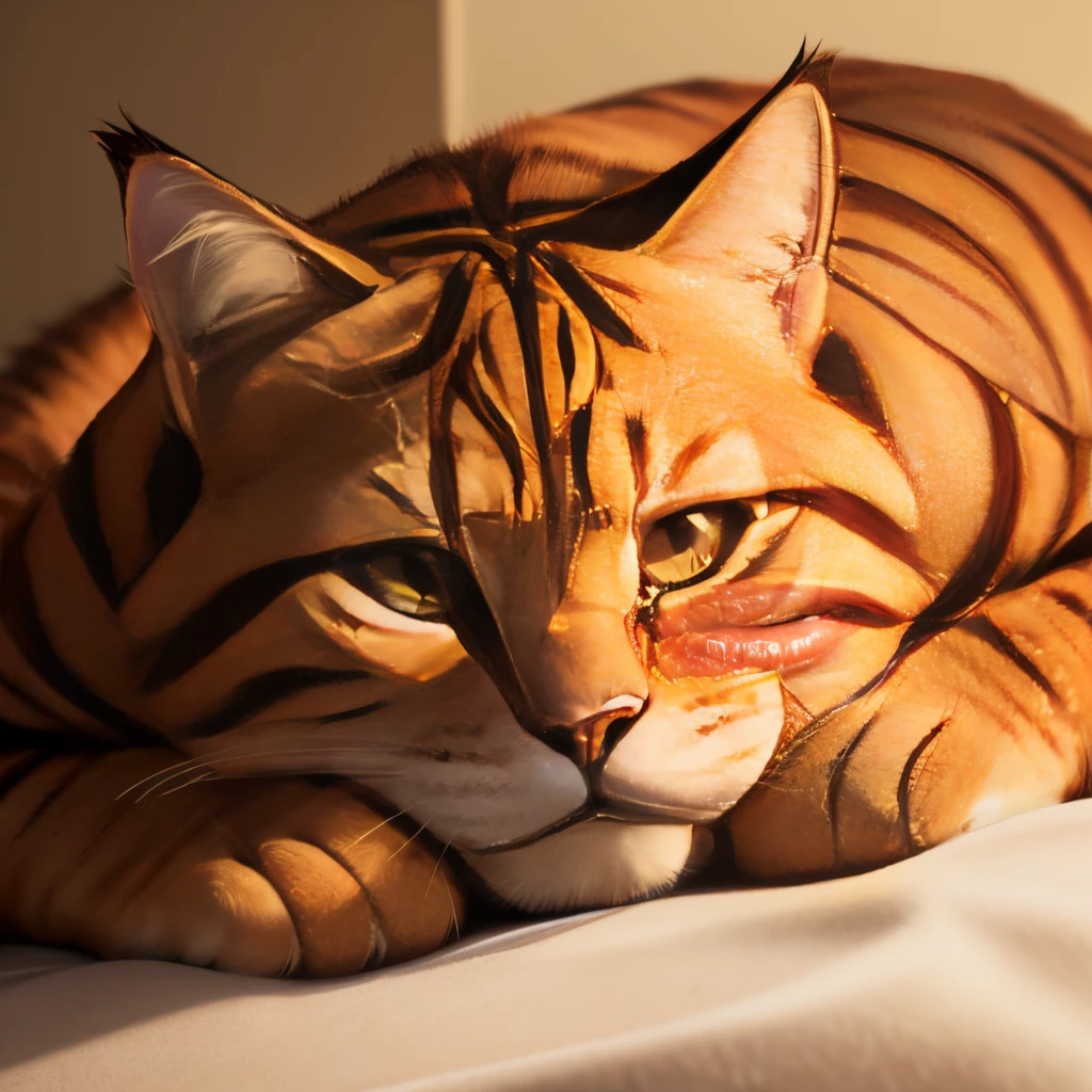 photo, realistic, photorealism, masterpiece, best quality, Garfield as werecat, orange tabby cat, fat mature male, lazy, lying, big white eyes, sleepy eyes,