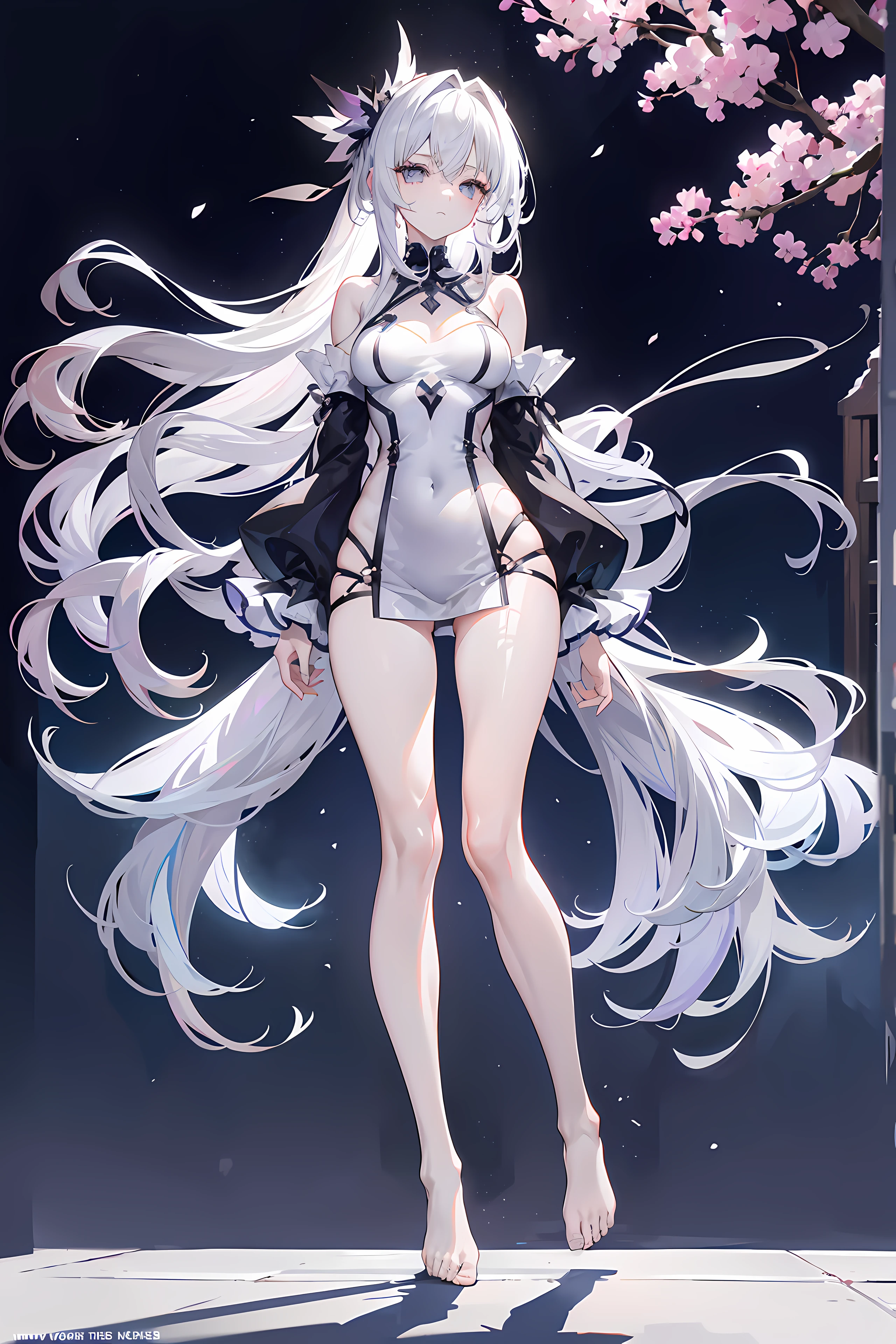 Lilac gradient hair,Asymmetrical hair,((Hair is very thick 1.8,Hair is well-defined1.6)), Hair over the shoulder, messy hair, Very long hair, shinny hair,(Long gray hair:1.2),A beautyful girl,(Luxurious Platinum Mini ta,Made of transparent material),(Transparent clothes transparent 1.8),perfect body figure,high and high,slenderness,(looking sad,Haggard complexion、pale nipples ,grieves,close your mouth:1.2) Against the backdrop of an unusually bright dark starry sky,(Place your hands behind your back),(Round, medium large, firm breast),Barefoot,afloat,waterface,(long leges,long leges,long leges,Perfect leg shape),Full body photo。