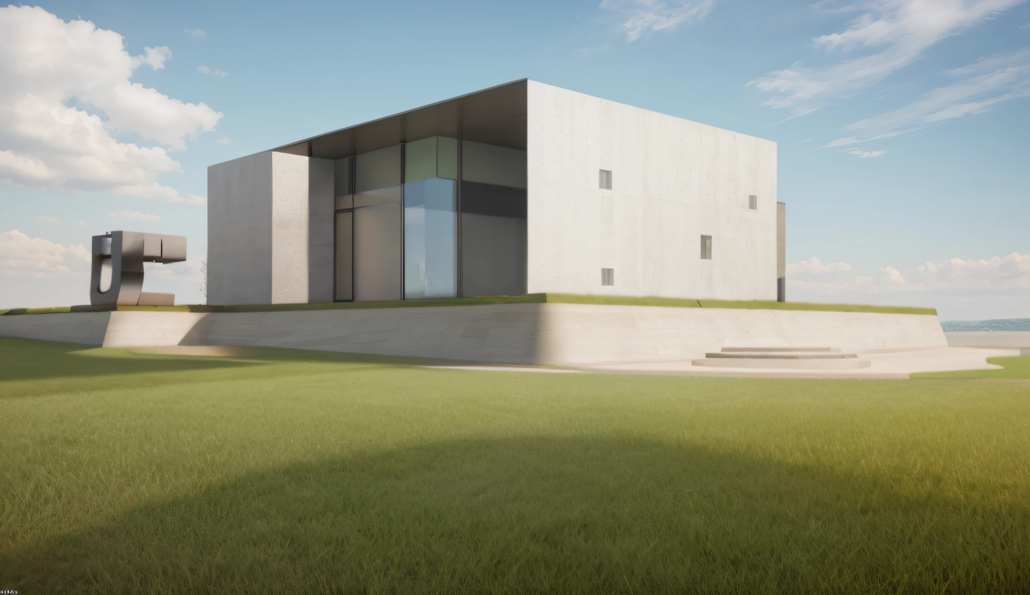A rendering of a plaza in front of one office building, stone pathway to building and from right to left, one steel sculpture on the left and one steel sculpture on the right, hilly grass between building and plaza, ((nice grass lawn)), beautiful sky, daylight, bright daylight, two-point perspective, human perspective, realistic, masterpiece, ultra-detailed, 4k, photographic rendering, commercial