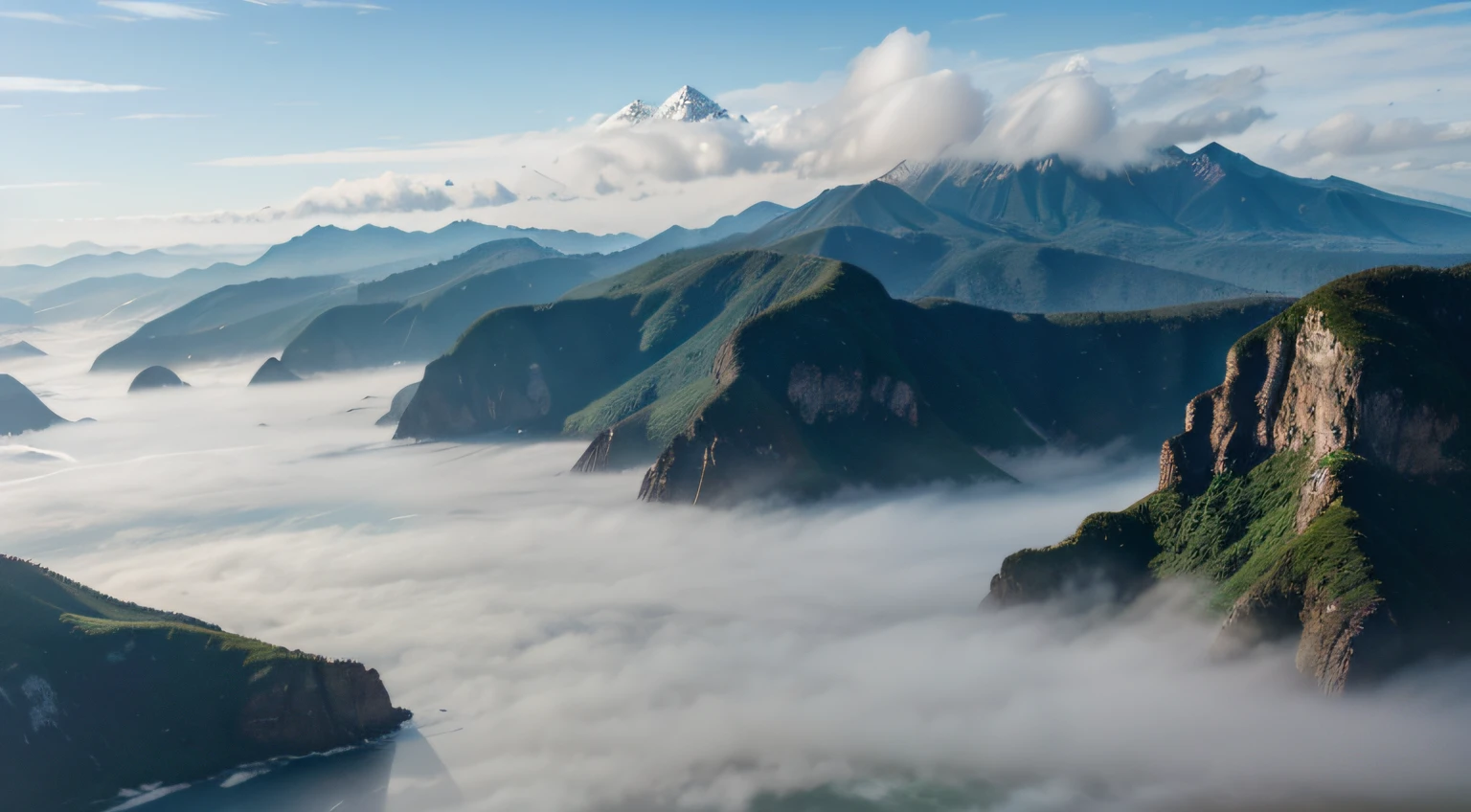 ocean with mountains in the background. the mountains are far away, slightly covered in mist. the ocean is also far. the picture was taken from a high ground. --4k ultrarealistic