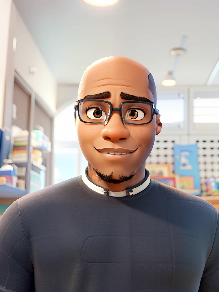 A black man with a shaved head, usando oculosestilo Disney Pixar, alta qualidade, melhor qualidade