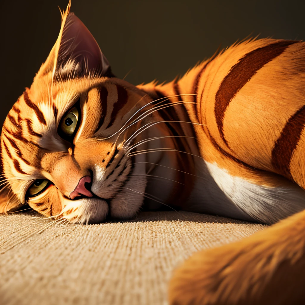 photo, realistic, photorealism, masterpiece, best quality, Garfield as werecat, orange tabby cat, fat mature male, lazy, lying, big white eyes, sleepy eyes,