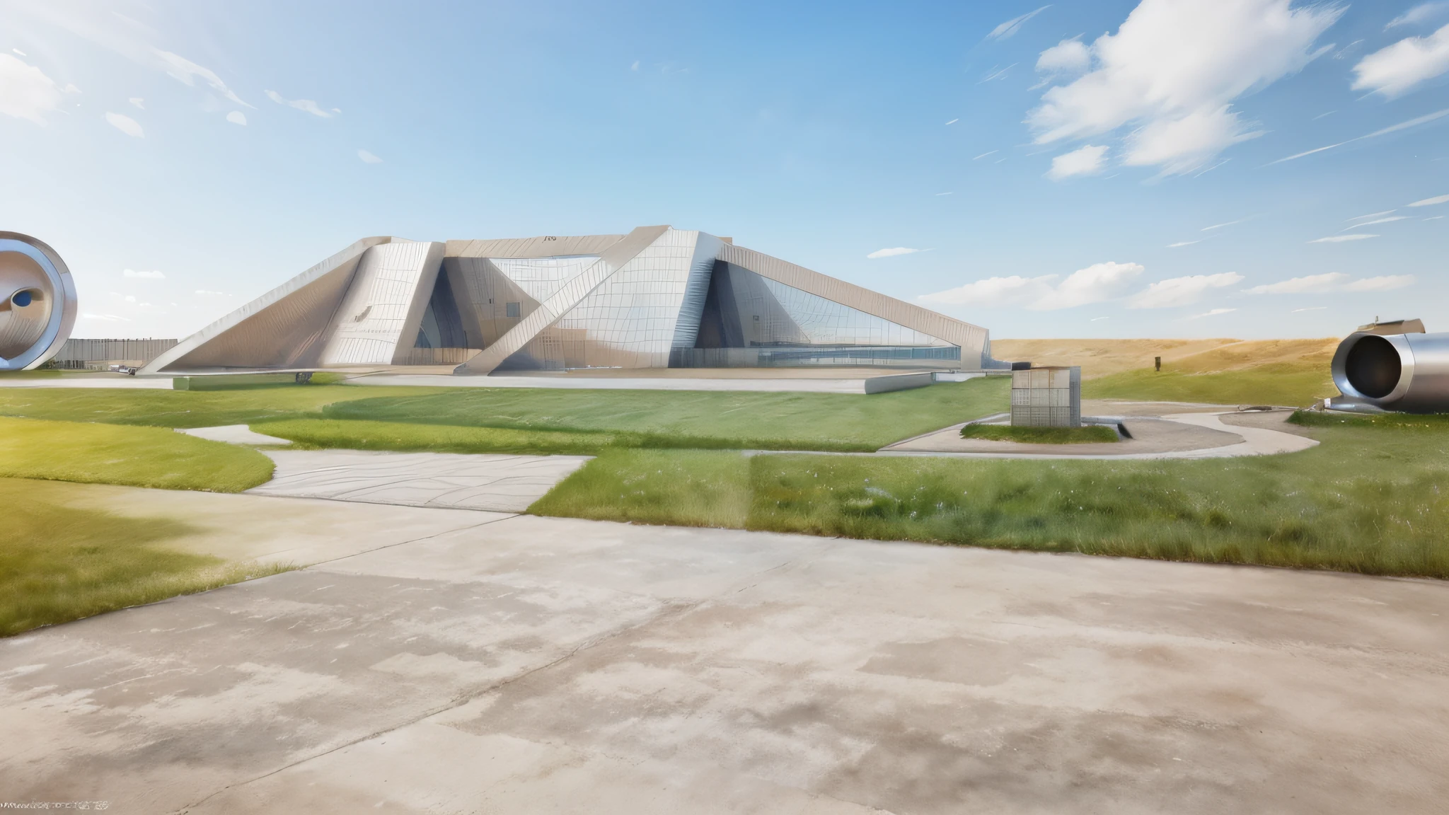 a rendering of a plaza in front of one office building,
stone pathway to building and from right to left,
one steel sculpture on the left and one steel sculpture on the right,
hilly grass between building and plaza,
((nice grass lawn)),
beautiful sky,
daylight, bright daylight,
two-point perspective, human perspective,
realistic, masterpiece, ultra-detailed, 4K, photographic rendering, commercial
rendering,