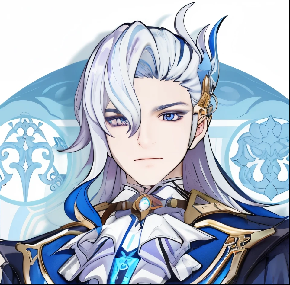 Young asian man with sharp eyes, long blue and white hair with light purple eyes