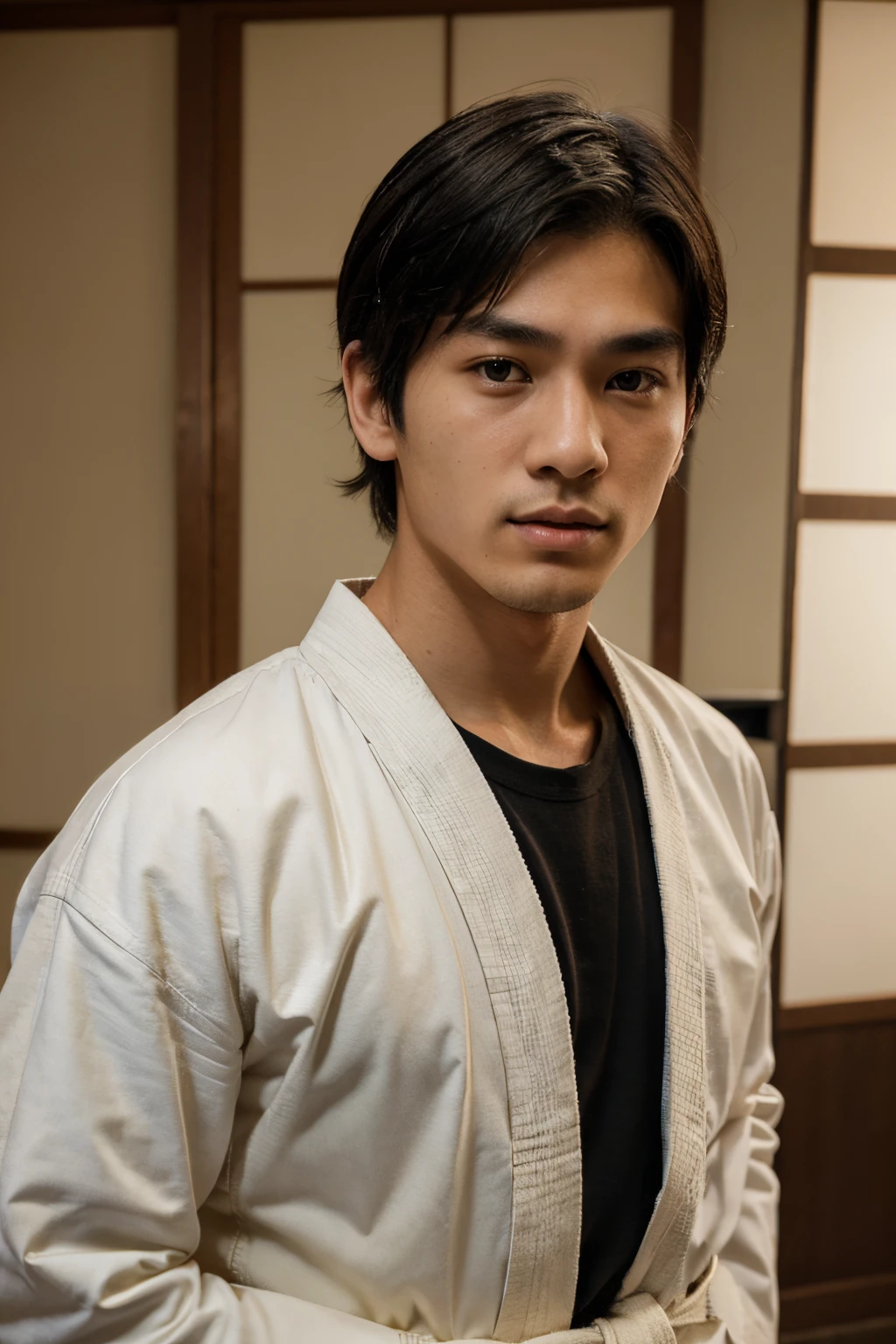 An Young man with traditional Japanese thinking，Real frontal photos，Authentic background，The background is a Japanese dojo，Japanese clothing，Young Face，20 year old Jujitsu，young eyes, male people style，slik black hair