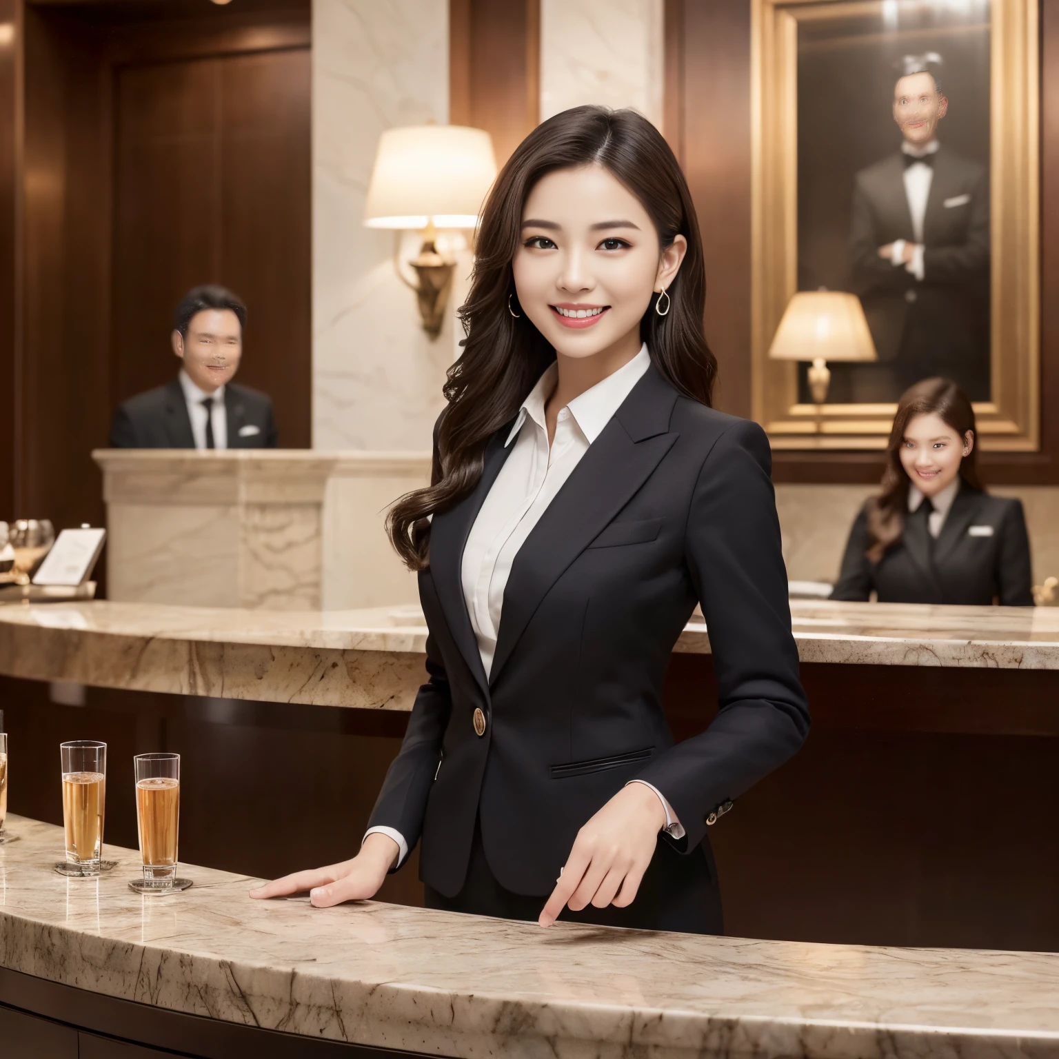 ((top-quality、masutepiece、8K、Top image quality、Very complex and detailed details))、(1人の女性、Luxury hotel receptionist、Standing at the reception counter of a luxury hotel、Reception of luxury hotels、Hotel Man Uniform、Elegantly styled hair、hotel man hairstyle、hotel man pose、Elegant standing figure、Royal hotel lobby interior、、VIP、Recreate the perfect luxury hotel interior、look at me perfectly、smil、a smile、A detailed face、Beautiful white teeth、Perfect fingers、perfect anatomia