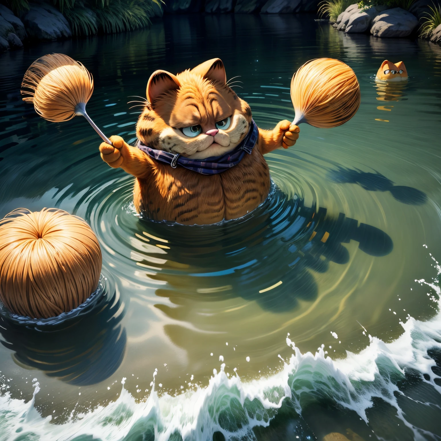 tmasterpiece， Best quality， （Very detailed CG unified 8k wallpaper）， （Best quality）， （Best Best Illustration）， （The best shadow），Garfield cat catches fish in the river