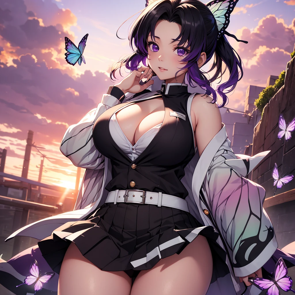 Kochou Shinobu, 1girl,masterpiece, multicolored hair,sleeveless, purple eyes, black jacket,black skirt,uniform, white haori, , multiple butterflies, , laked sunset, lens flare, perfect lighting, highest quality, hands behind, thick thighs, large breasts, cleavage,highest quality, high resolution.
