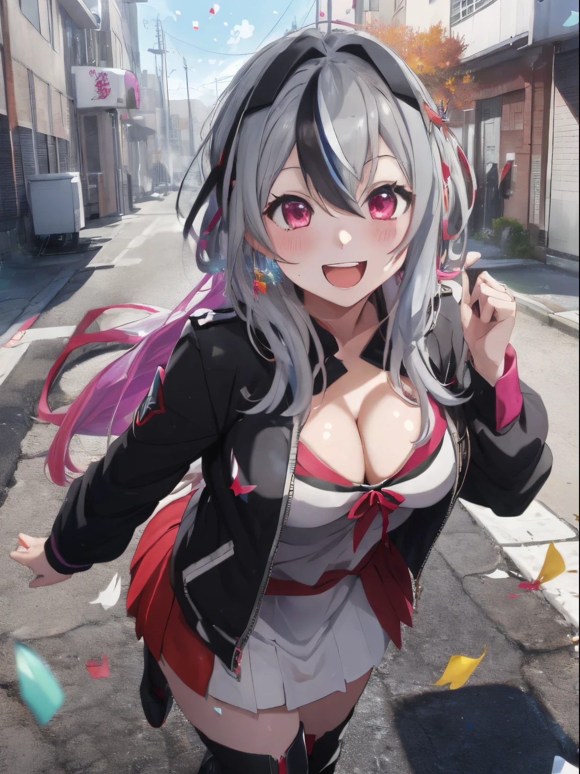 A sparkling sky with reflected light,Colorful confetti,Let'Let'Let'Enliven the festive mood with Kusudama and Hanafubuki,fluffy hair,rainbow-colored hair,white and gray and black and red,Close your eyes and do a fist pump,Happy with a big smile,rejoice exaggeratedly,Autumn clothes,long-sleeve,long boots,Slightly red tide,Her chest is wide open and you can see her cleavage,Clothes are disheveled,Falling off,Peeling off,