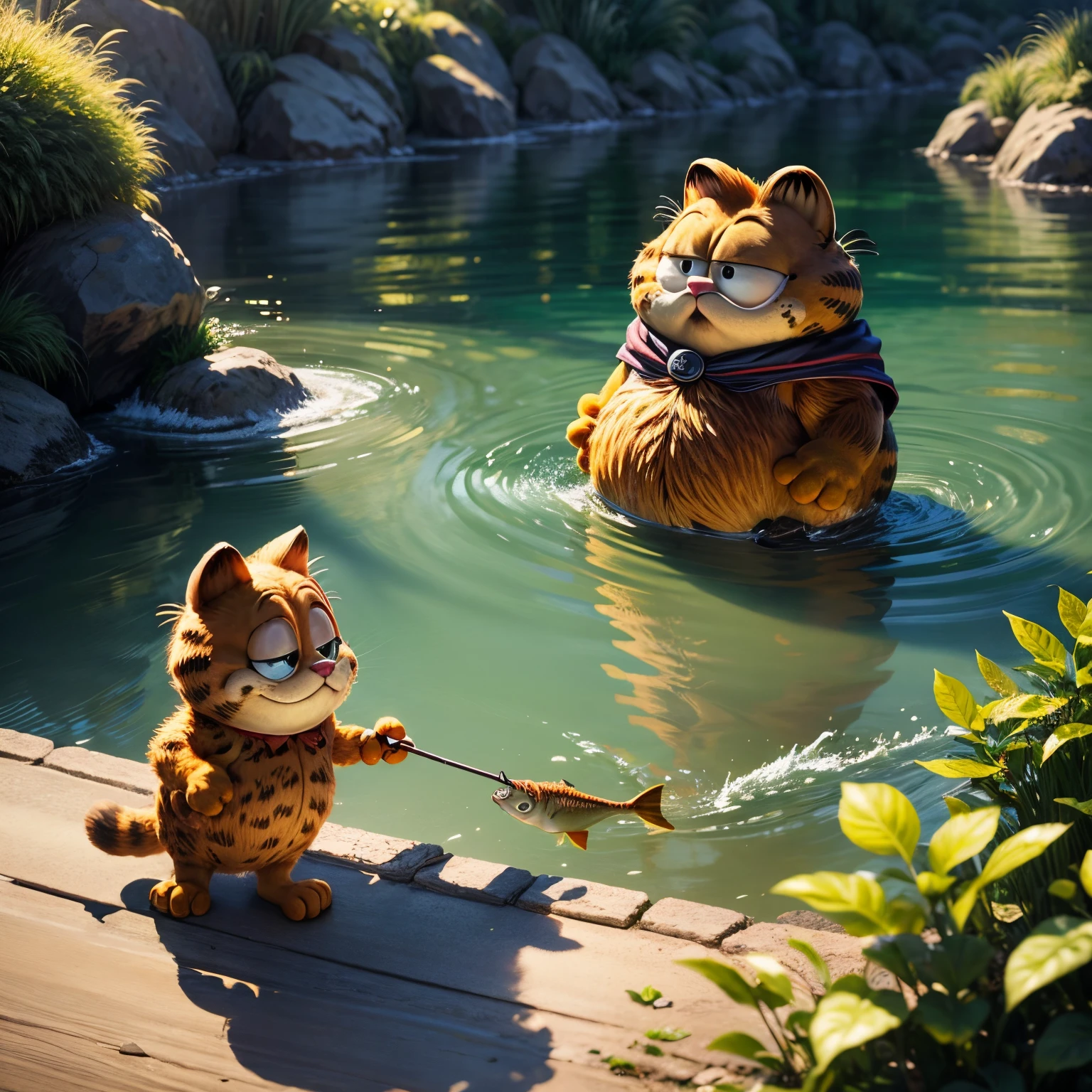 tmasterpiece， Best quality， （Very detailed CG unified 8k wallpaper）， （Best quality）， （Best Best Illustration）， （The best shadow），Garfield cat catches fish in the river