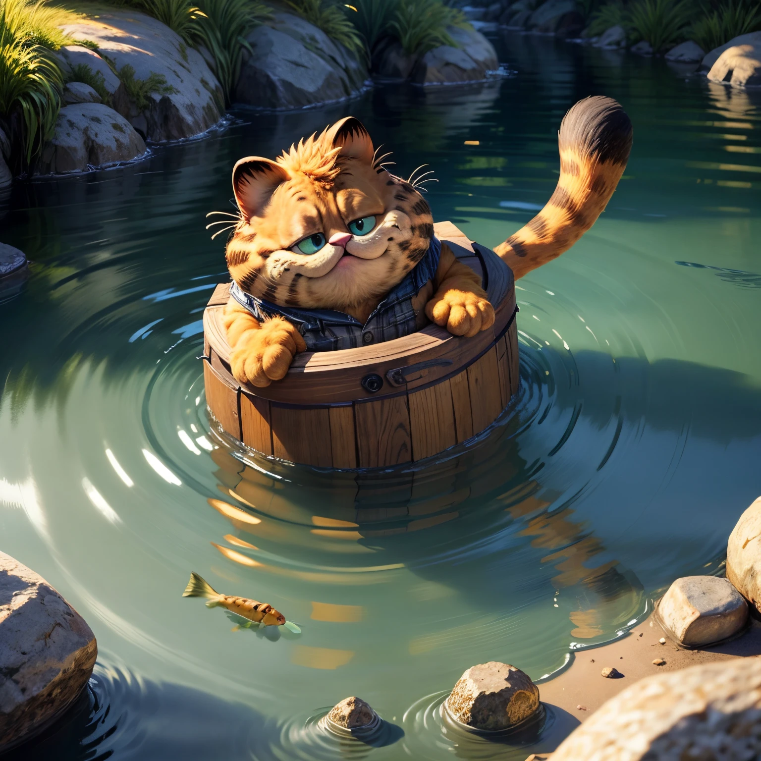 tmasterpiece， Best quality at best， （Very detailed CG unified 8k wallpaper）， （Best quality at best）， （Best Best Illustration）， （The best shadow），Garfield cat catches fish in the river