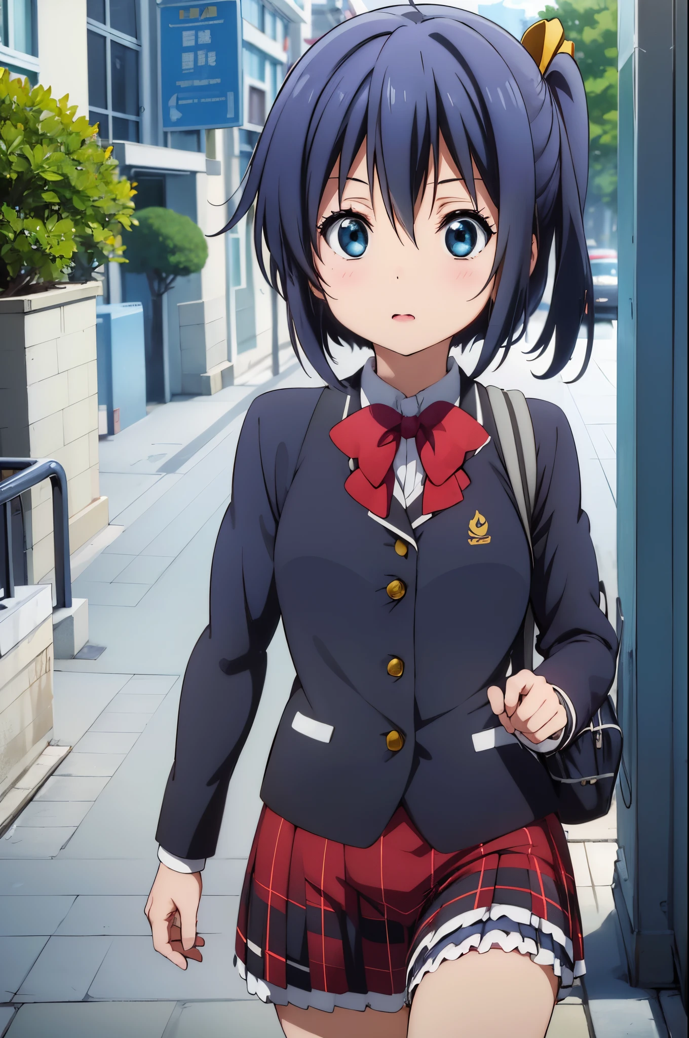 1girl, Rikka Takanashi, masterpiece, high res, absurdres, ultrasharp, 8k, light blue eyes, wearing indonesian school uniform, indonesia, backpack, school, jakarta, anime wallpaper 4k, indonesian texts, indonesian streets