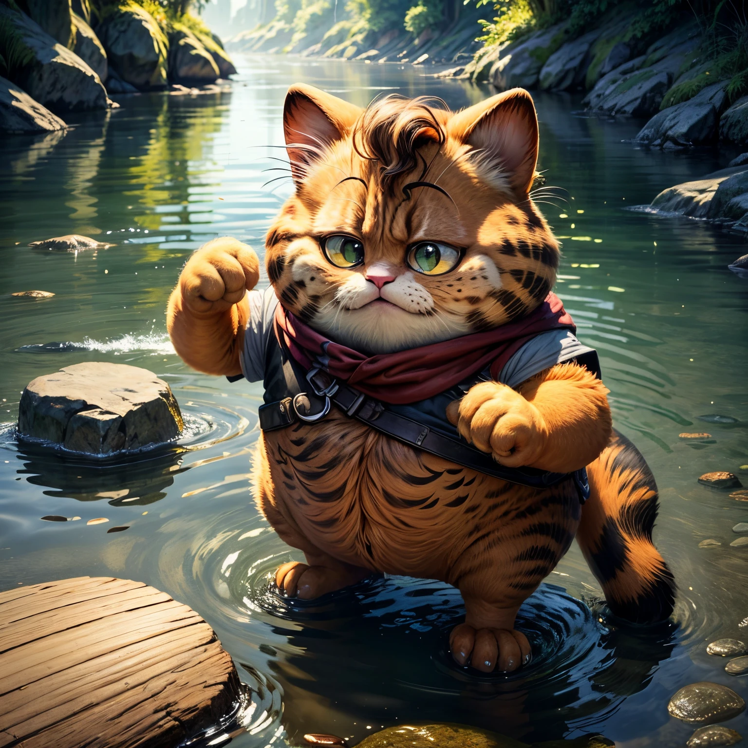 tmasterpiece， Best quality， （Very detailed CG unified 8k wallpaper）， （Best quality）， （Best Best Illustration）， （The best shadow），Garfield cat catches fish in the river