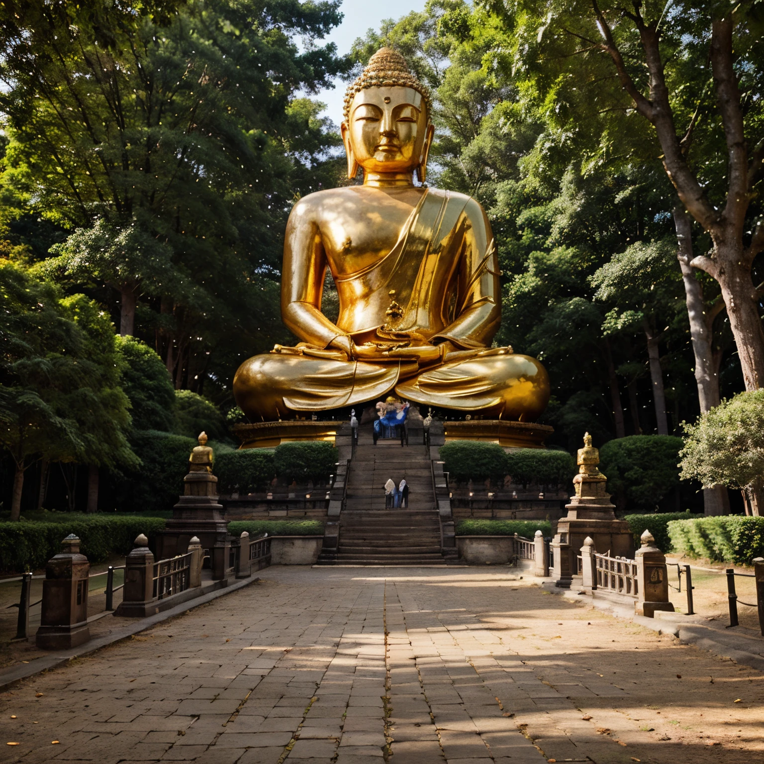 Giant Buddha statue in the distance,Golden Buddha statue, Texture, Tall, Majestic, inverted image, The background is illuminated by sunlight, Towering trees, Pilgrims walk the road. The composition is beautiful, With masterpieces, Details, and high definition