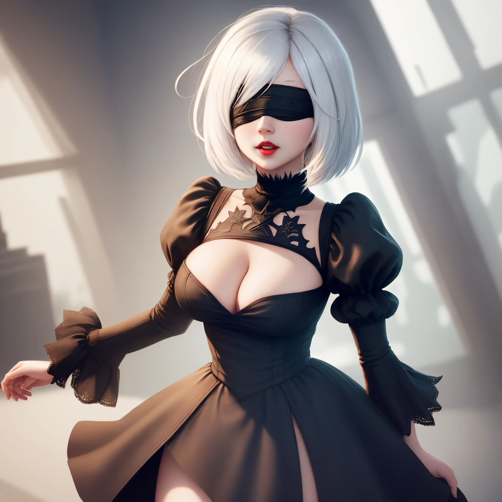 Yorha No. 2 Type B, 1girl in, wlop, (Blindfold), breasts, cleavage, cleavage cutout, Clothes Cutout, Green background, hair between eye, shairband, hight resolution, juliet sleeves, Long sleeves, Nier (Series), Nier Automata, Puffy sleeves, Red lips, Shaded face, Short hair, Solo, turtle neck, Upper body, White hair, skyporn