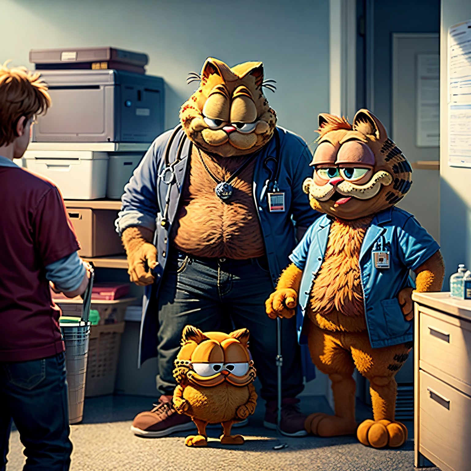 Garfield visits the doctor,hospital in background,tmasterpiece, Best quality at best, (Very detailed CG unified 8k wallpaper), (Best quality at best), (Best Best Illustration), (The best shadow),