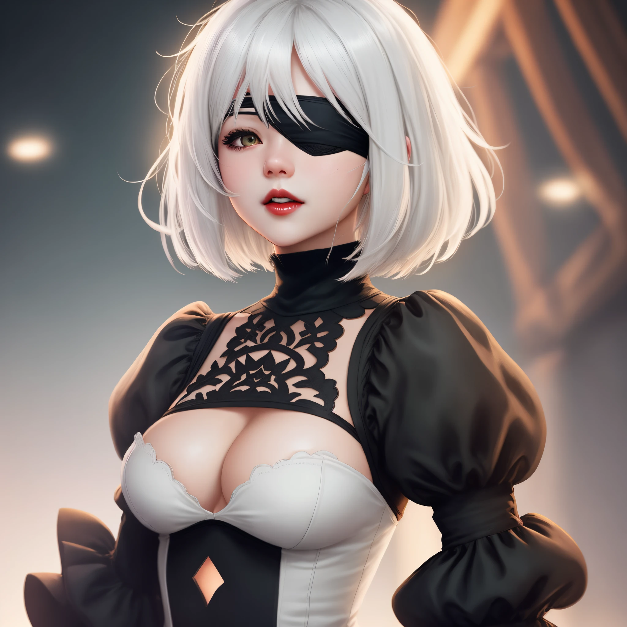Yorha No. 2 Type B, 1girl in, wlop, (Blindfold), breasts, cleavage, cleavage cutout, Clothes Cutout, Green background, hair between eye, shairband, hight resolution, juliet sleeves, Long sleeves, Nier (Series), Nier Automata, Puffy sleeves, Red lips, Shaded face, Short hair, Solo, turtle neck, Upper body, White hair, skyporn