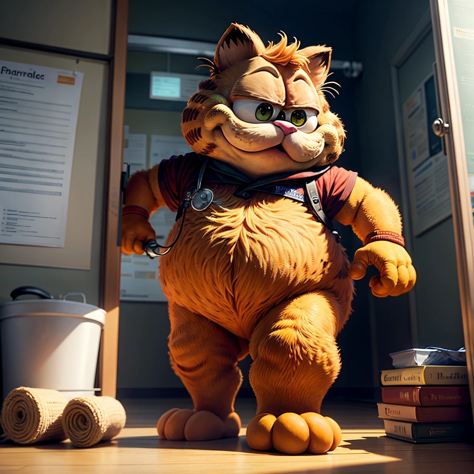 Garfield visits the doctor，hospital in background，tmasterpiece， Best quality at best， （Very detailed CG unified 8k wallpaper）， （Best quality at best）， （Best Best Illustration）， （The best shadow），