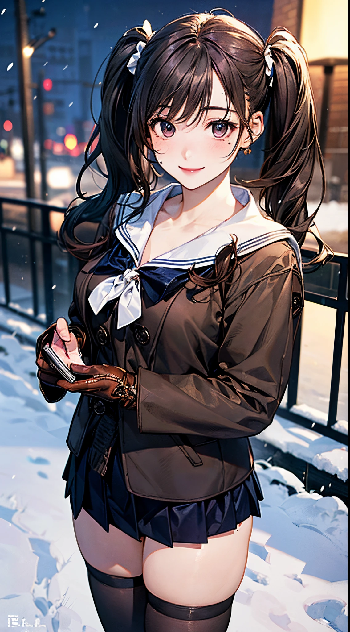 ((((, , perfect anatomy, super detailed skin)))), 1 girl, japanese, 14 years old, shiny skin, large breasts:0.5, watching the view, (smile:1.5),
beautiful hair, beautiful face, beautiful detailed eyes, (middle hair:1.5, twintails:1.7),
beautiful clavicle, beautiful body, beautiful chest, beautiful thigh, beautiful legs, babyface, , , mole under eye,
(navy school uniform, long sleeves, navy pleated skirt, sailor collar, , black thigh-highs,
((brown medium coat, muffler, knitted gloves)), extremely sexy, seductive thighs)), white panties,
(beautiful scenery), winter, evening, hokkaido, sapporo, outdoors, snow, snowfall:1.5, freezing weather, frost, walking, holding a phone,
(8k, top-quality, masterpiece:1.2, extremely detailed, , ), (realistic, photorealistic:1.37), beautiful illustration, cinematic lighting,