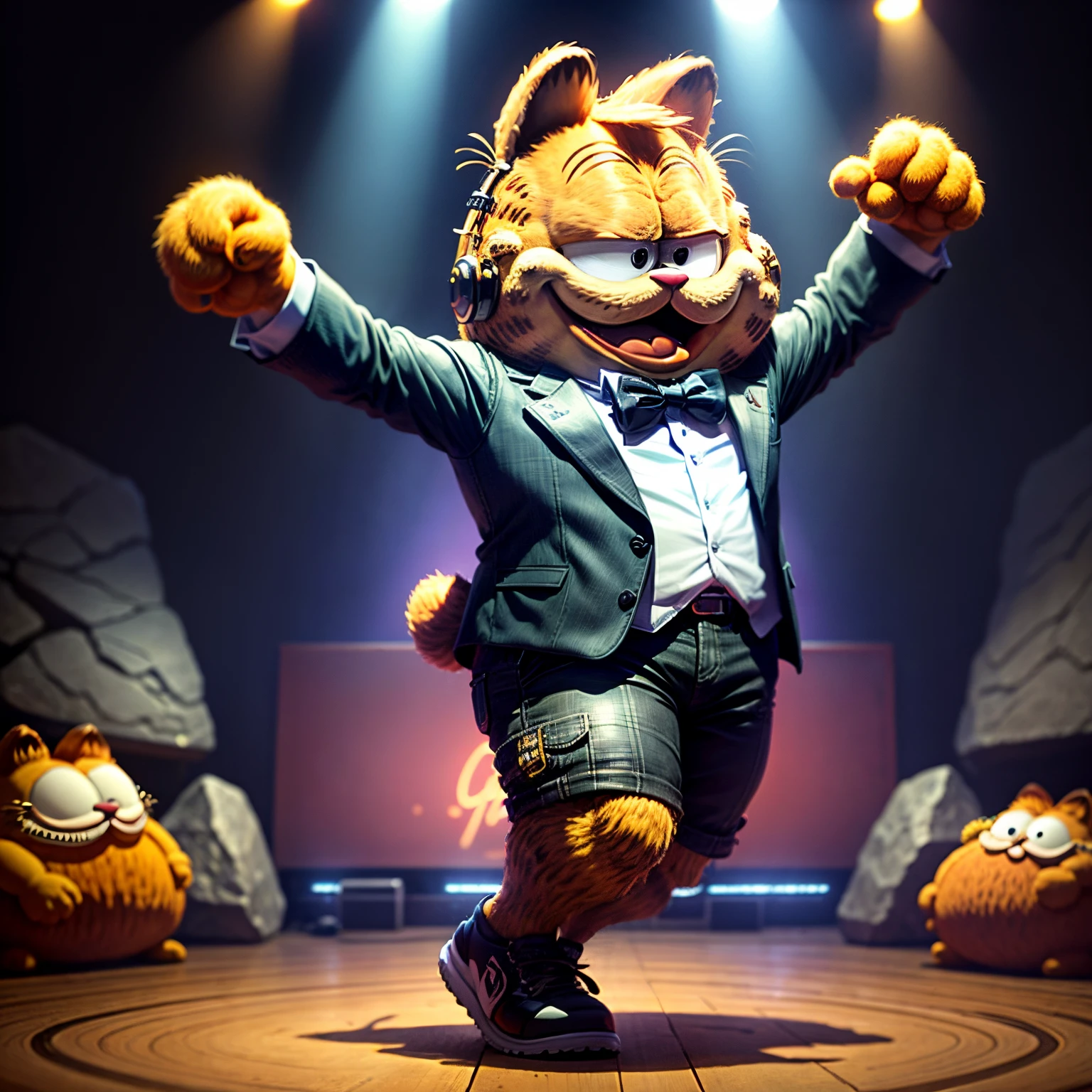 Garfield dancing rock and roll on dance floor background, Underground banquet hall,tmasterpiece, high high quality, Best quality at best,Rock ballroom,Stylish Garfield DJ,Garfield wearing punk headphones,Garfield in the Rocks 'n' Rolled,k hd,8K