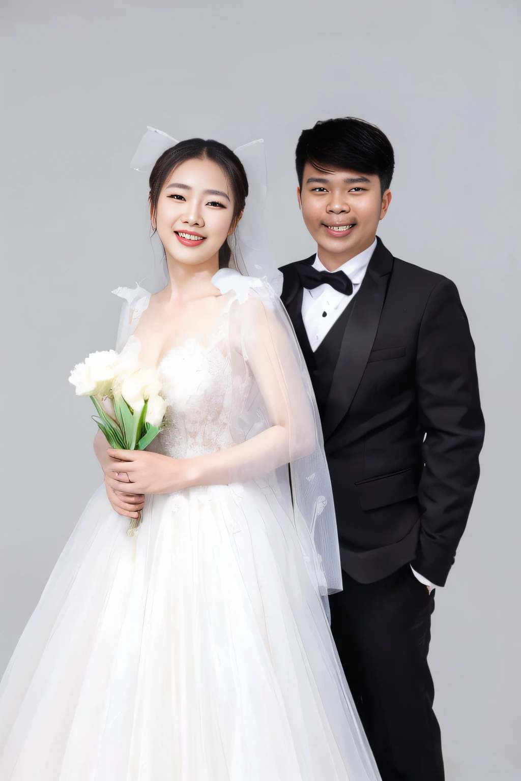 bride and groom posing for a picture in a studio photo, cute couple, ruan jia and fenghua zhong, wedding photos, listen to me series, bride and groom, gujian, yanjun chengt, Happy couple, song nan li, ao dai, photo shoot, phong yintion j - jiang geping, trailer, jinyiwei,Disney Pixar