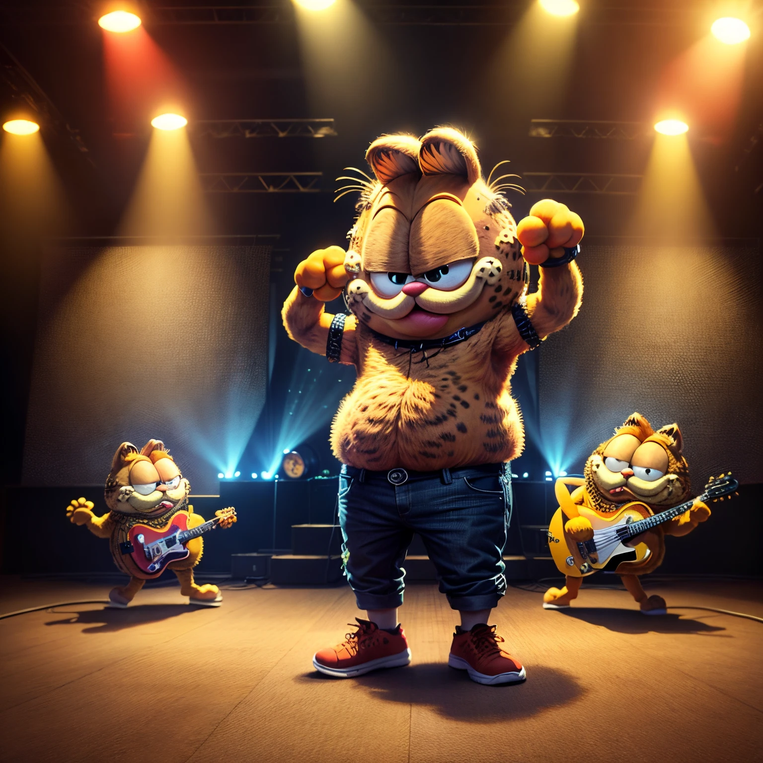 Garfield dancing rock and roll on dance floor background, Underground banquet hall,tmasterpiece, high high quality, Best quality at best,Rock ballroom,Stylish Garfield DJ,Garfield wearing punk headphones,Garfield in the Rocks 'n' Rolled,k hd,8K