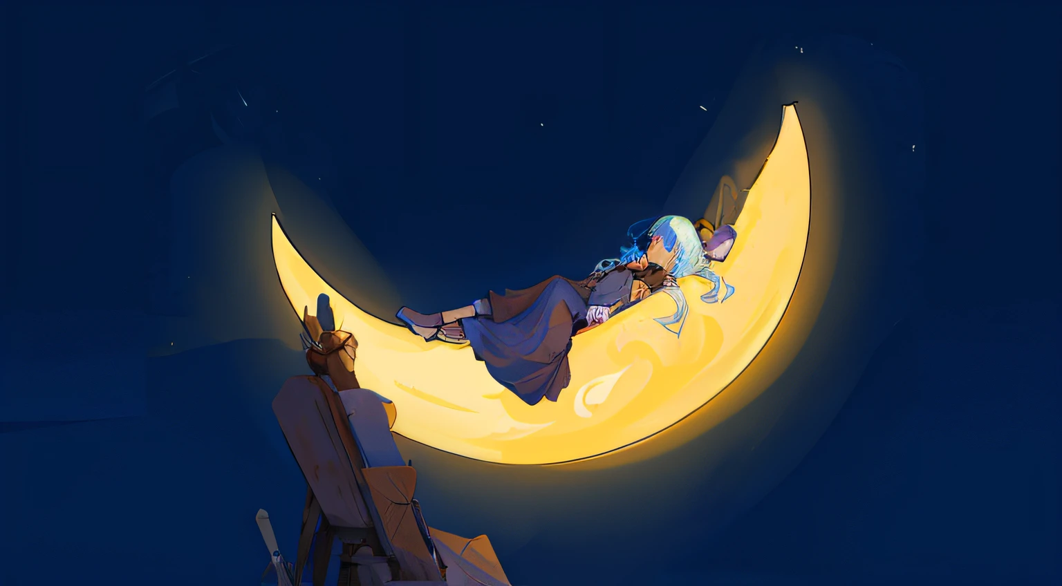 Two-dimensional style，Girls sleep on the crescent moon，The moon shines golden，The boy looks at the sleeping girl from the front，The lens is from the bottom up
