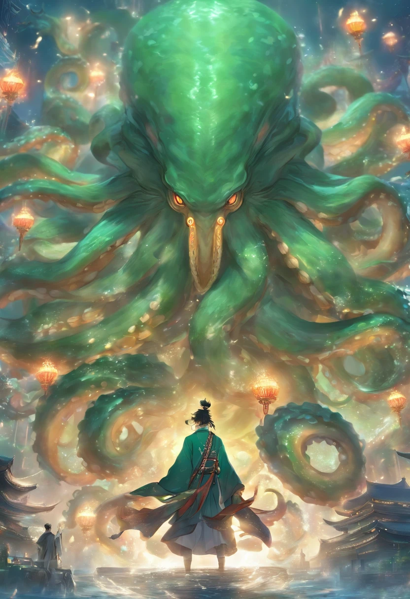 (tmasterpiece), (Best quality), Cinematic quality,Rendered by Octane,Ultra-detailed details,1 boy,Cool action,Wearing ancient Chinese Hanfu,(Ancient Chinese Formation:1.2),energy surround,light particle fluid,Fairy air fluttering,Luminous magic circle,Summon ancient beasts,oda'There's a huge octopus behind him,Cthulhu
