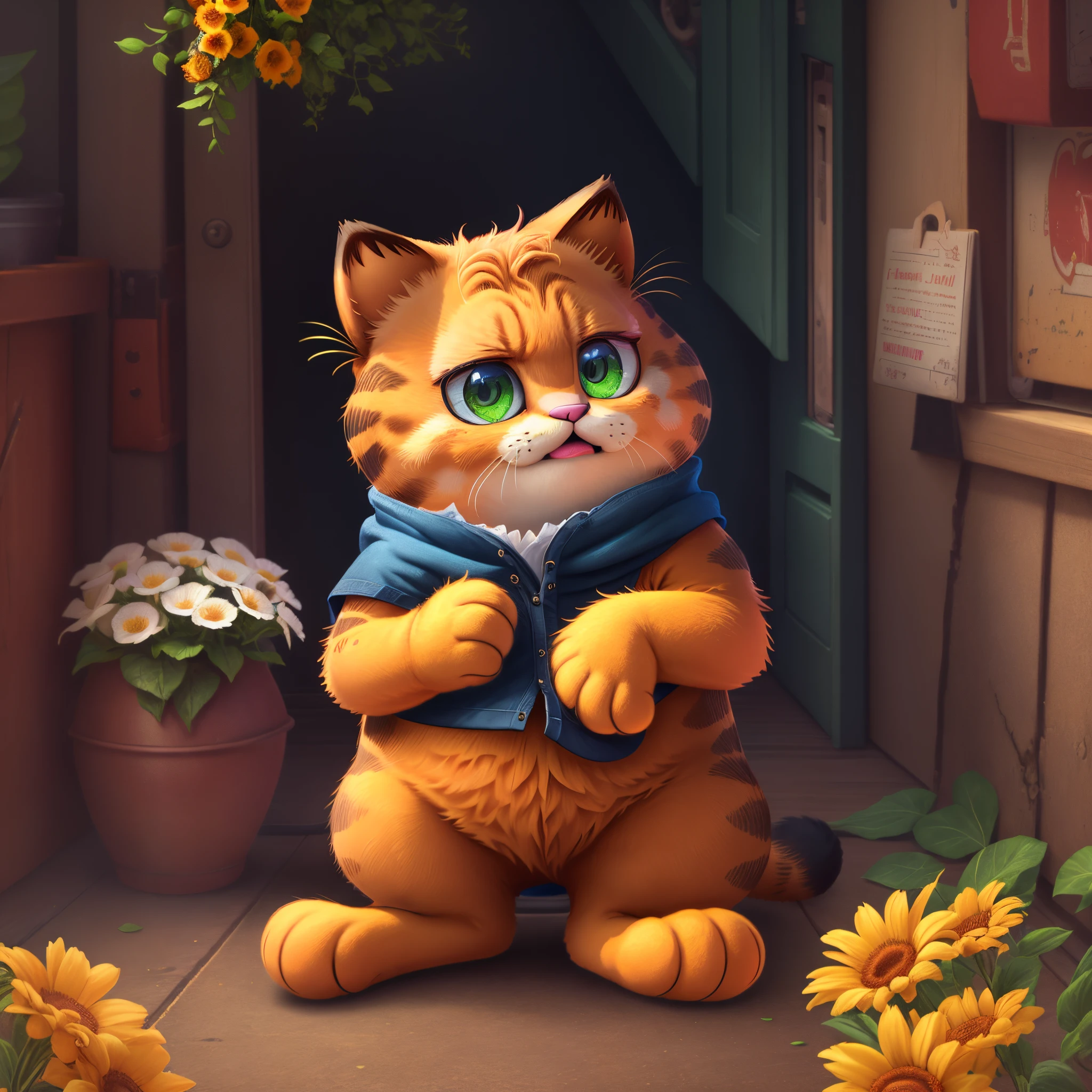 In this ultra-detailed CG art，Cute Garfield cat surrounded by flowers，Soft neon color，Best quality，A high resolution，Complicated details，like a dream，cute animal