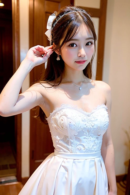 (Very detailed, reasonable design, Clear lines,Best quality, Masterpiece,Light and dark light Canon photography crystal clear (realisticlying:1.2)A beautiful woman in a white wedding dress