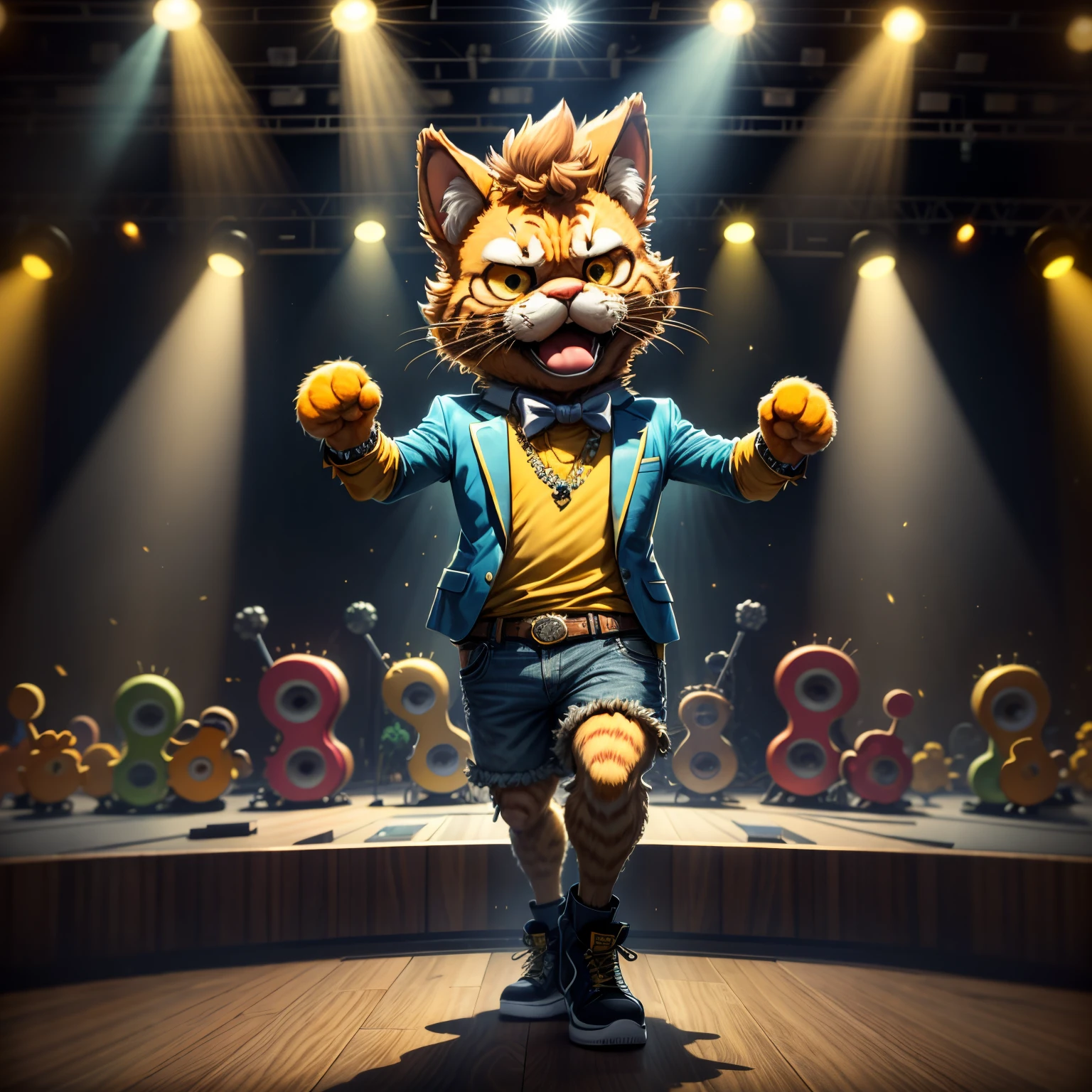 Garfield dancing rock and roll on dance floor background, Underground ballroom,tmasterpiece, high high quality, Best quality,Rock ballroom,Stylish Garfield DJ,Garfield wearing punk headphones,Garfield in rock 'n' roll costume,k hd,8K