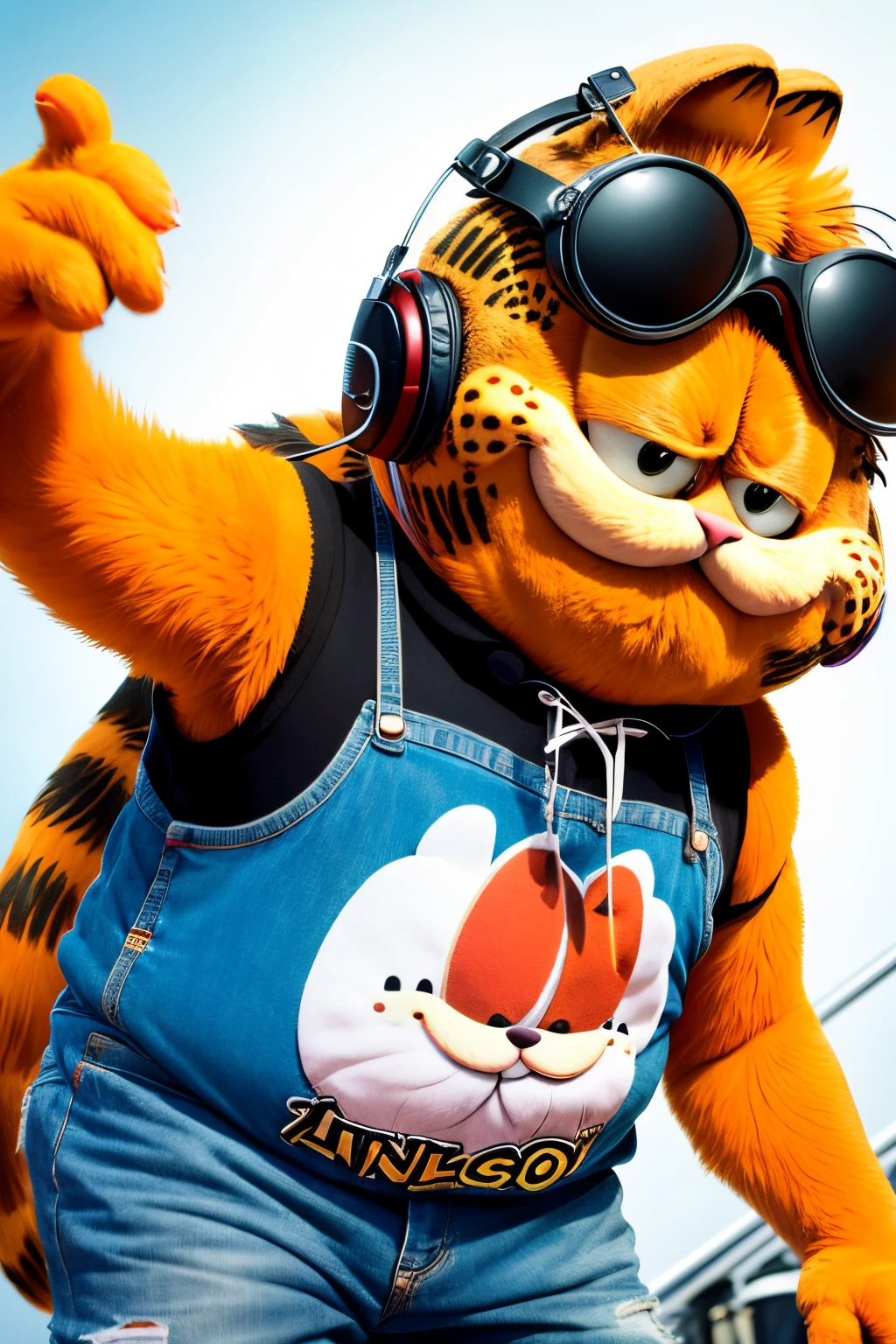 Animal rock stage，Stylish Garfield DJ，Garfield wearing punk headphones，Garfield in rock &#39;n&#39; roll costume