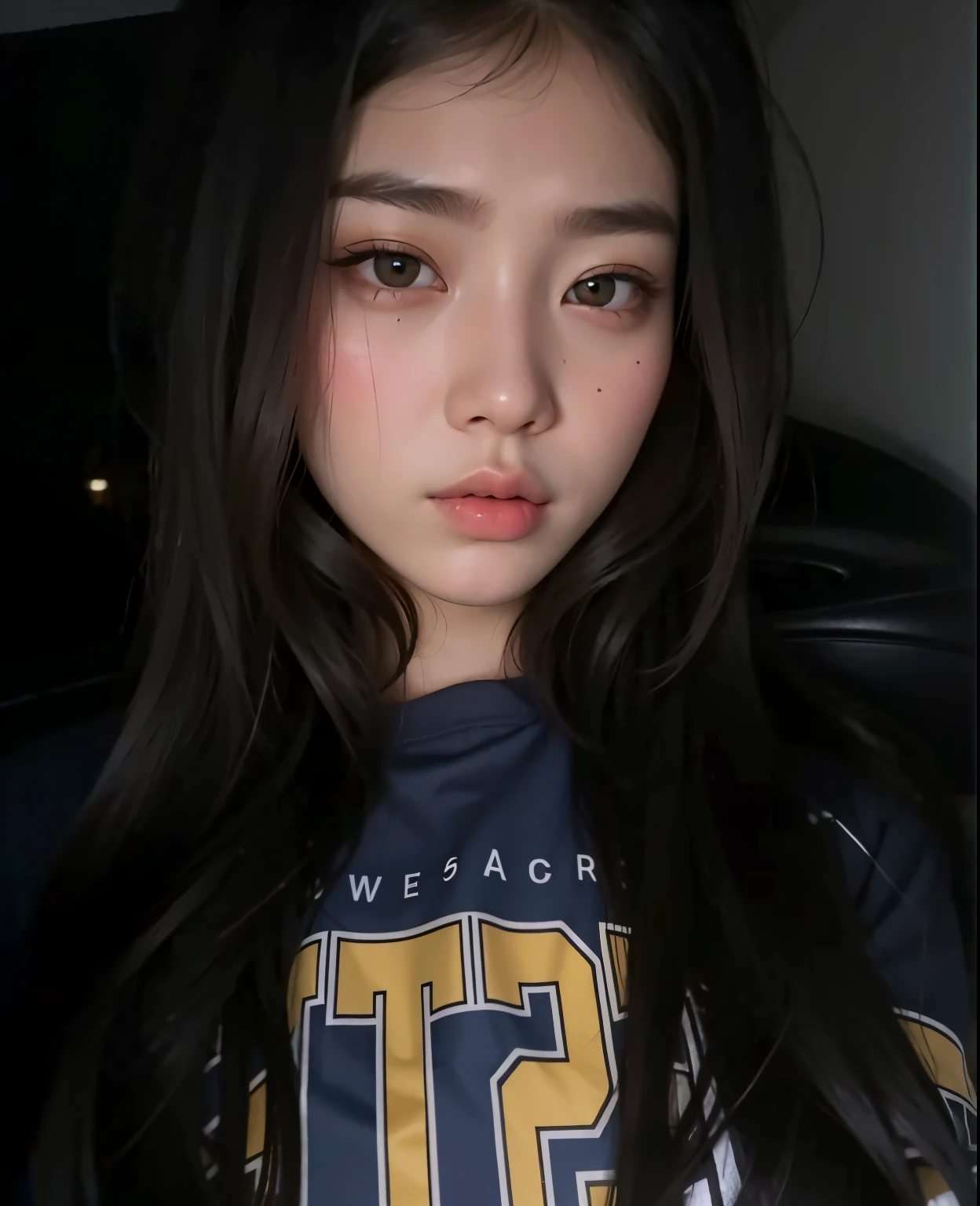 um close de uma mulher com cabelos longos vestindo uma camisa,  coreana, south east asian com rosto redondo, pale round face, young lovely korean face, rosto redondo e macio, lindo rosto redondo, com rosto redondo, Asian face, adorable and pale korean face, Korean facial features, Ulzzang, korean symmetrical face, Jaeyeon Nam, rosto redondo pequeno