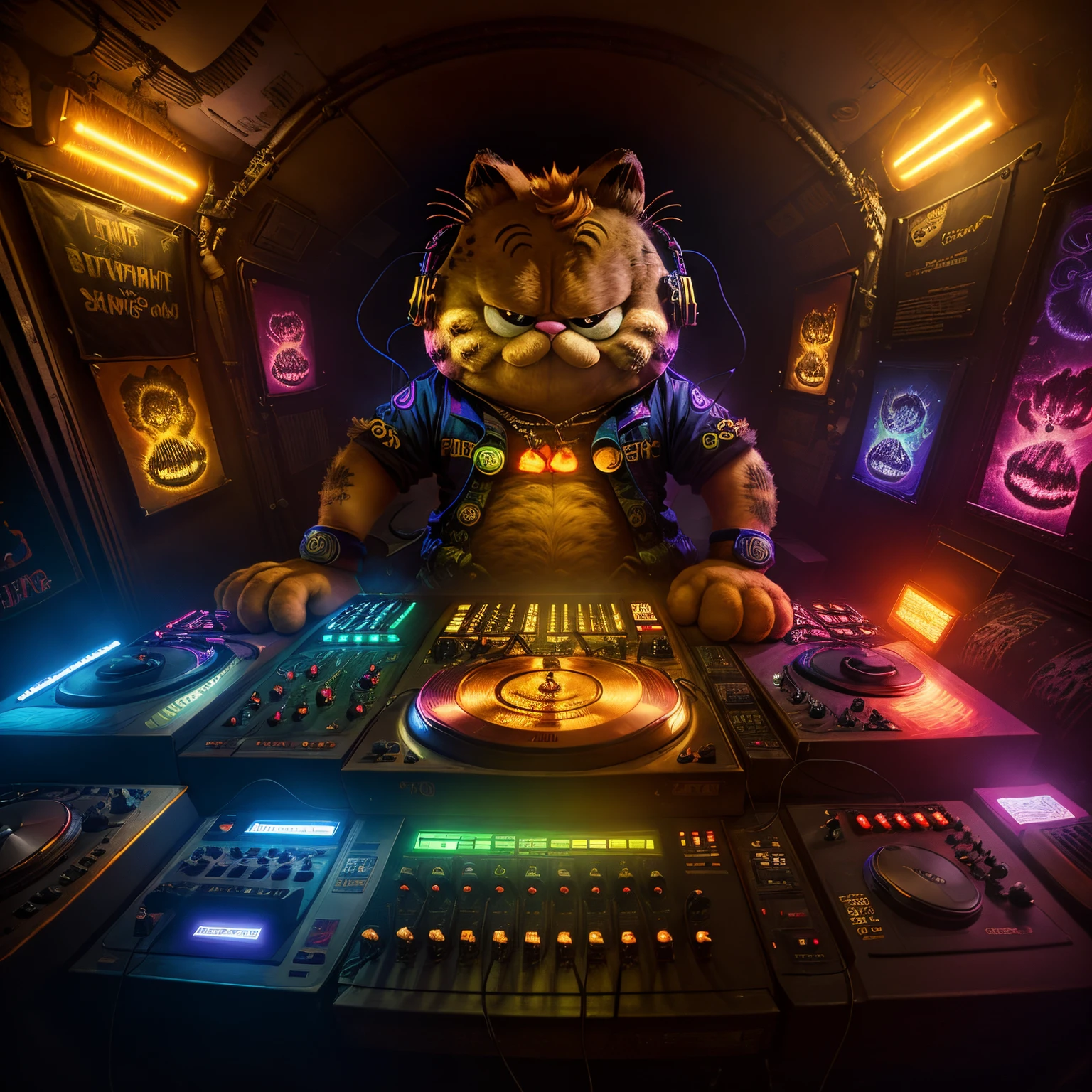 upper part of body, Garfield DJ, look at the crowd,Garfield,Cat motif,Quirky, Vibrant appearance, Playful accessories, vibrant with colors,Creative behavior, stroll, Sensual, spontaneous, DJ headphones, ((Mixing Console)), Glitch Punk Garfield, carnival garfield,Music Clubs, nightclub, independent cinema, People dancing on dance floor background, Underground banquet hall, Underground banquet hall,nightclub, Best quality, skin texture, Complicated details, (电影灯光), RAW photos, 8K,psychedelic surreal art,Surrealist psychedelic design,dream art style,Illusion psychedelic art, Colorful dark vector,