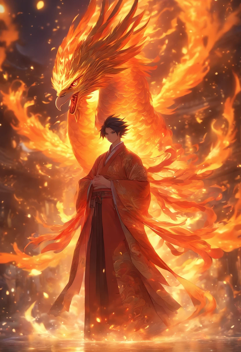 (tmasterpiece), (Best quality at best), Cinematic quality,Rendered by Octane,Ultra-detailed details,1 boy,Cool action,Wearing ancient Chinese Hanfu,(Ancient Chinese Formation:1.2),Energy surrounds,light particle fluid,Fairy air fluttering,Luminous magic circle,Summon ancient beasts,oda'There is a huge phoenix behind him,Flame Phoenix
