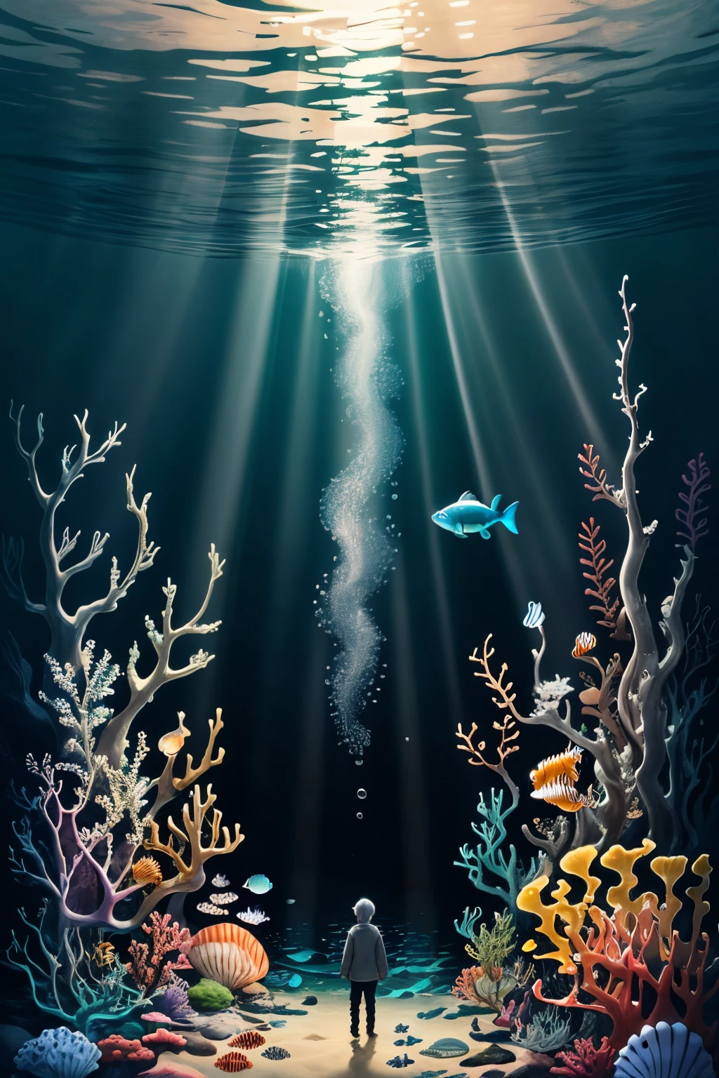 Undersea boy&#39;s silver-haired shell house、Girl with short white hair、Colorful bubbles、a plant、Glowing small fish、glinting、ocean floor、（Reasonable design、Clear lines、high clarity、top-quality、ighly detailed、​masterpiece、movie light effect、4K）